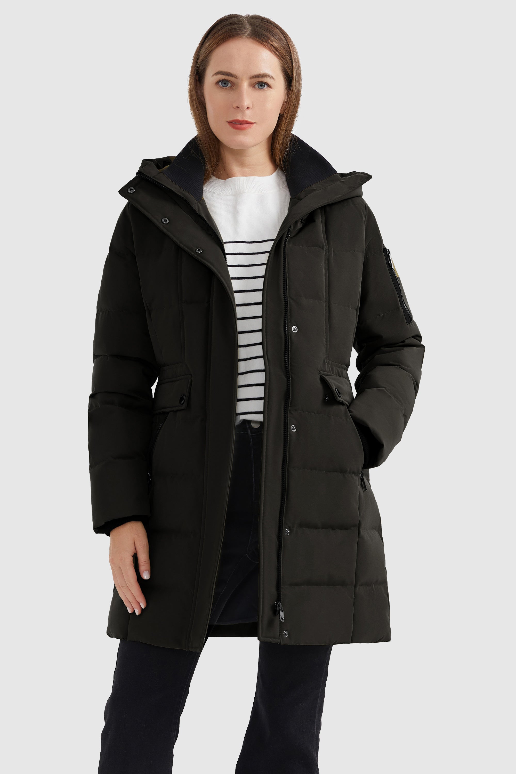 Orolay-Mid Length Slant Pocket Puffer Jacket-#color_Black