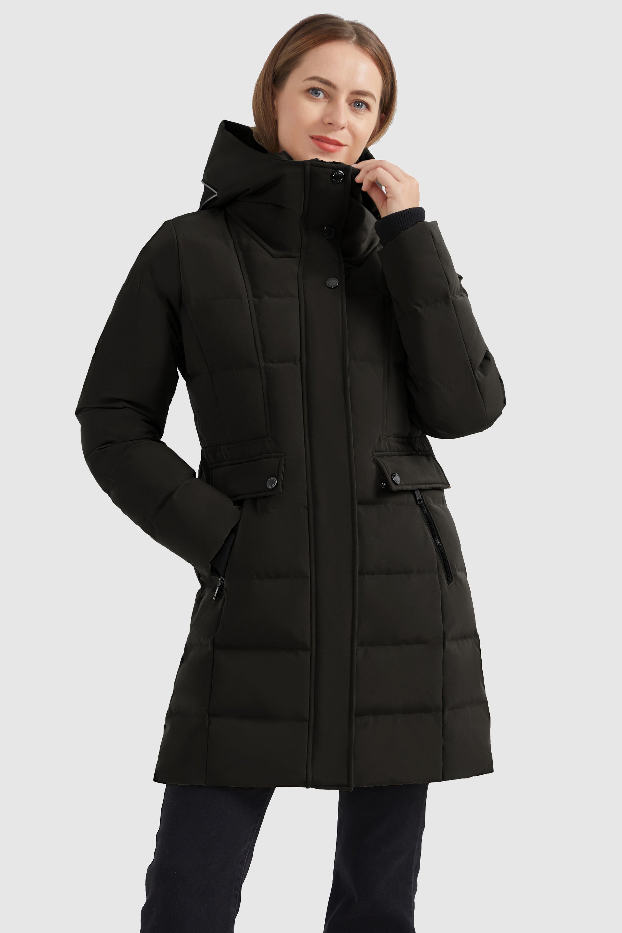 Orolay-Mid Length Slant Pocket Puffer Jacket-#color_Black