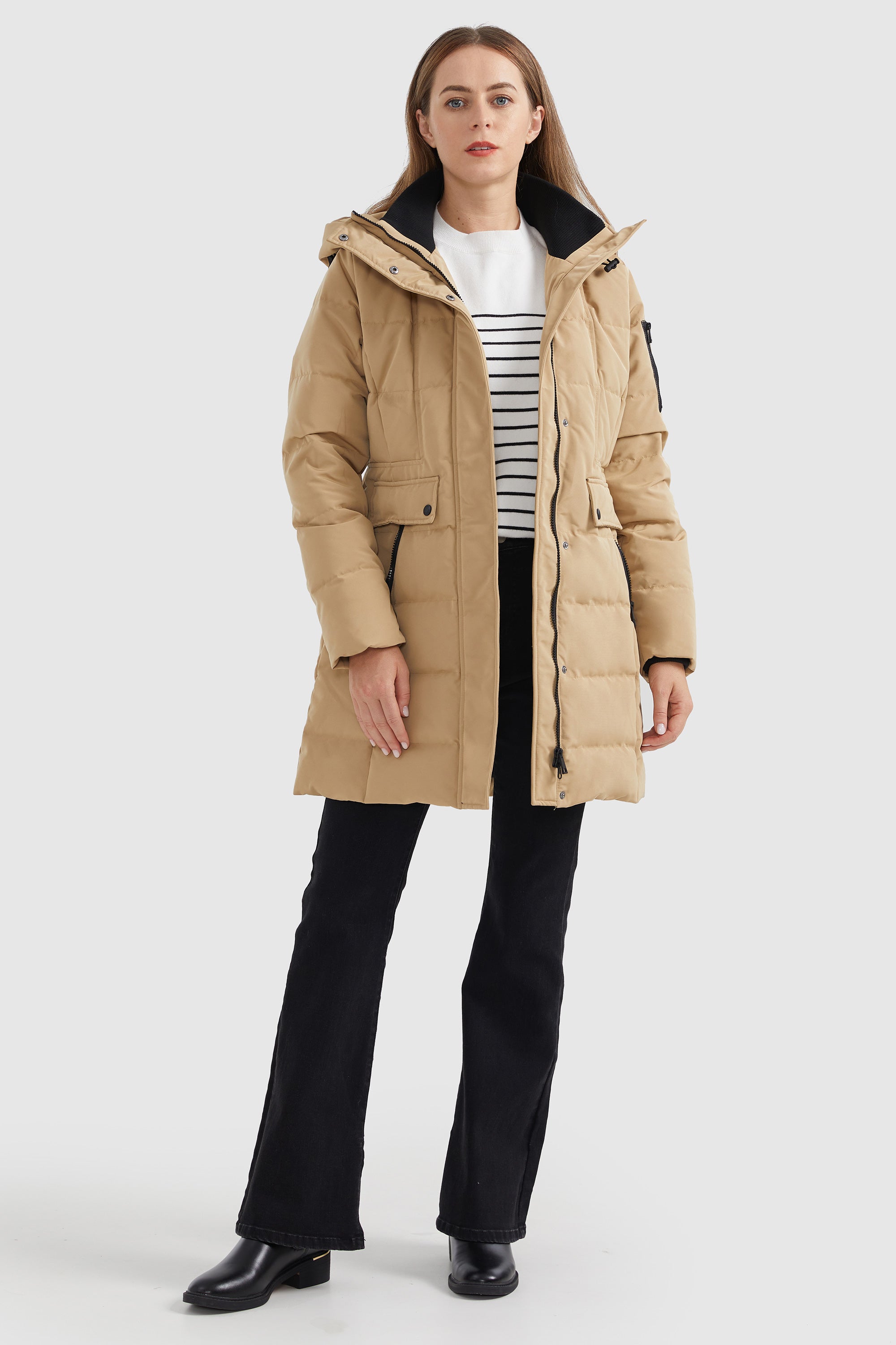 Orolay-Mid Length Slant Pocket Puffer Jacket-#color_Sand