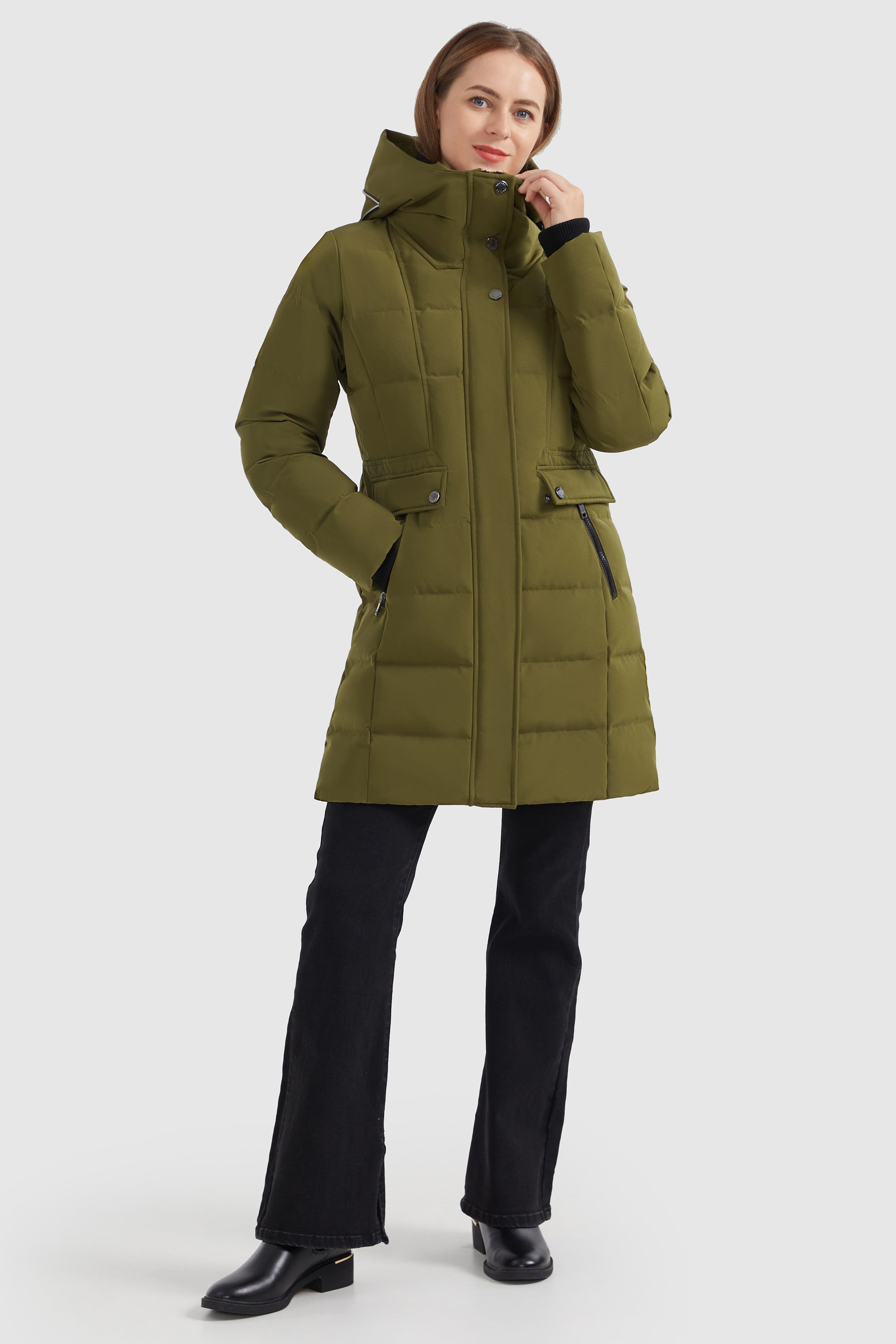 Orolay-Mid Length Slant Pocket Puffer Jacket-#color_Fir Green