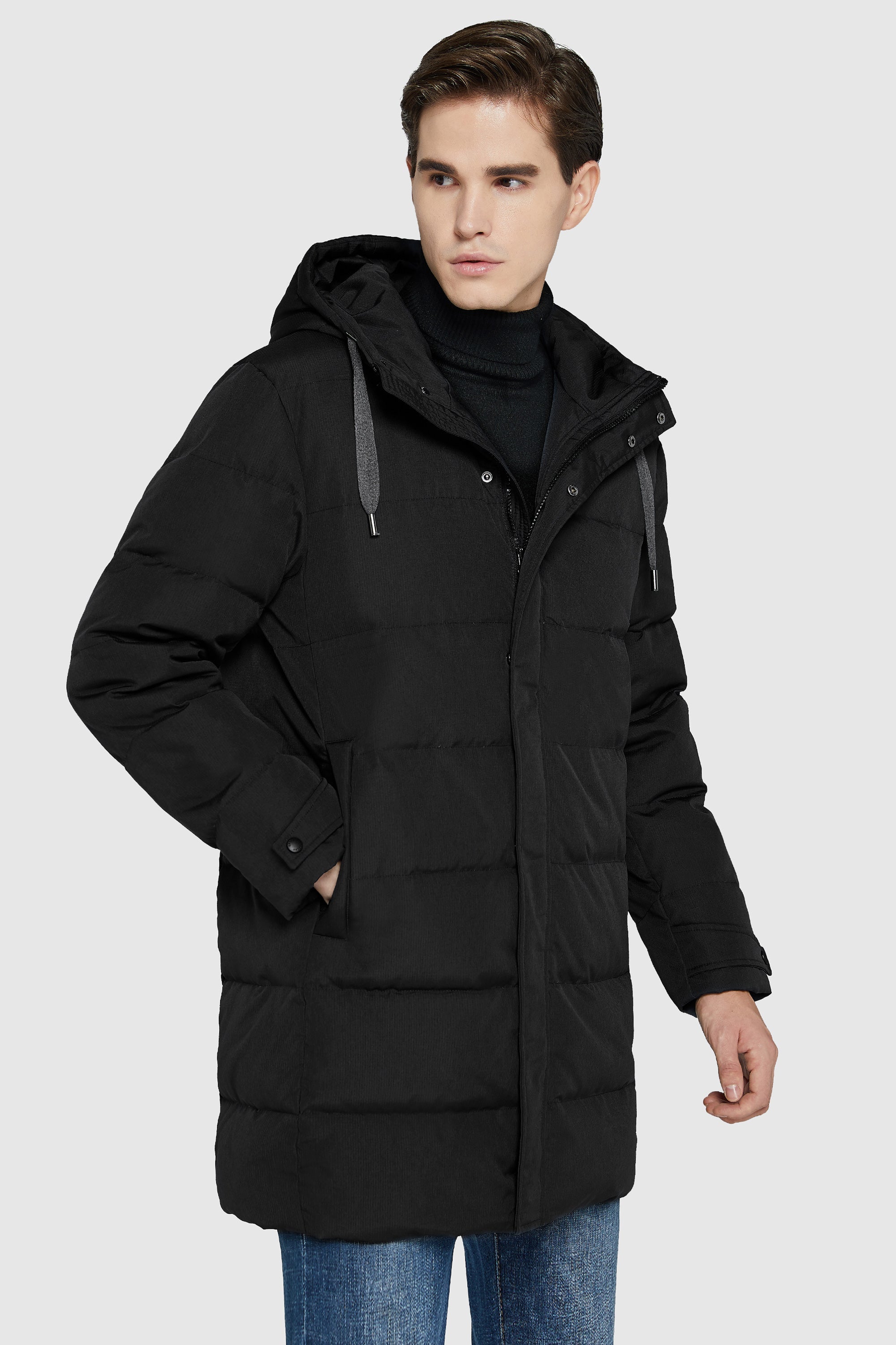 Orolay-Mid-Length Warm Hooded Puffer Down Jacket-#color_Black