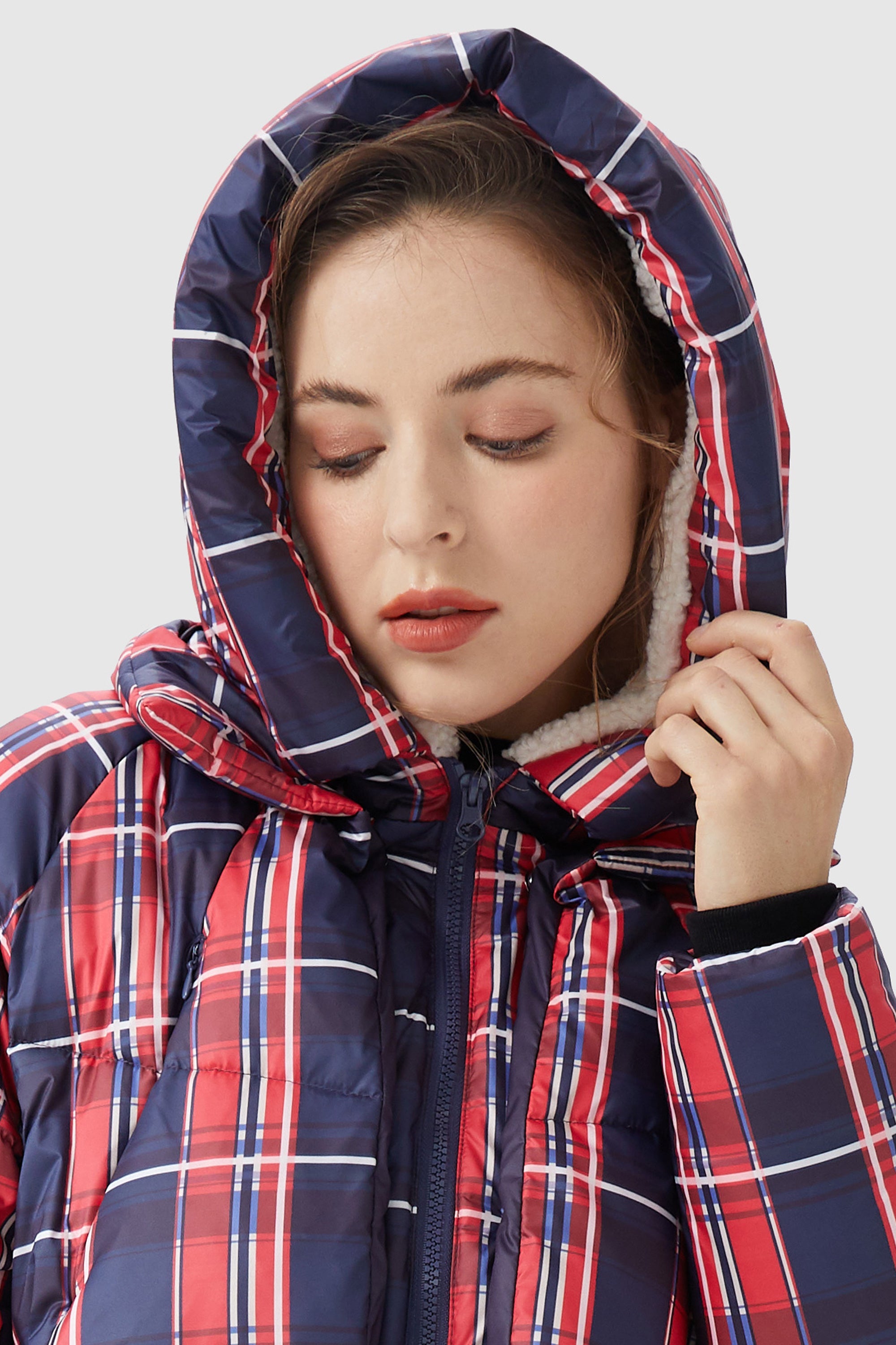 Orolay-Multi-Pockets Plaid Puffer Jacket-#color_Red plaid