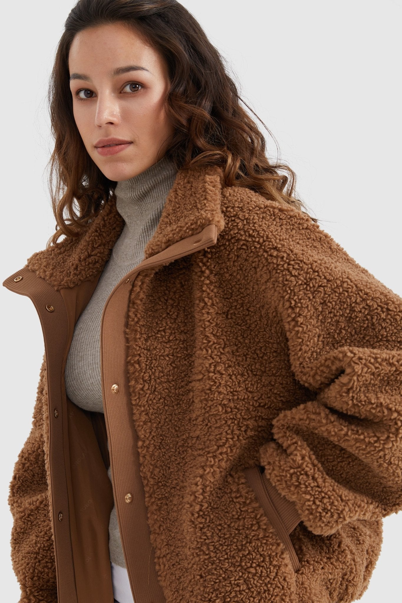 Orolay-Oversized Snap Button Sherpa Coat-Oversized Snap Button Sherpa Coat - Orolay, #color_Nuthatch