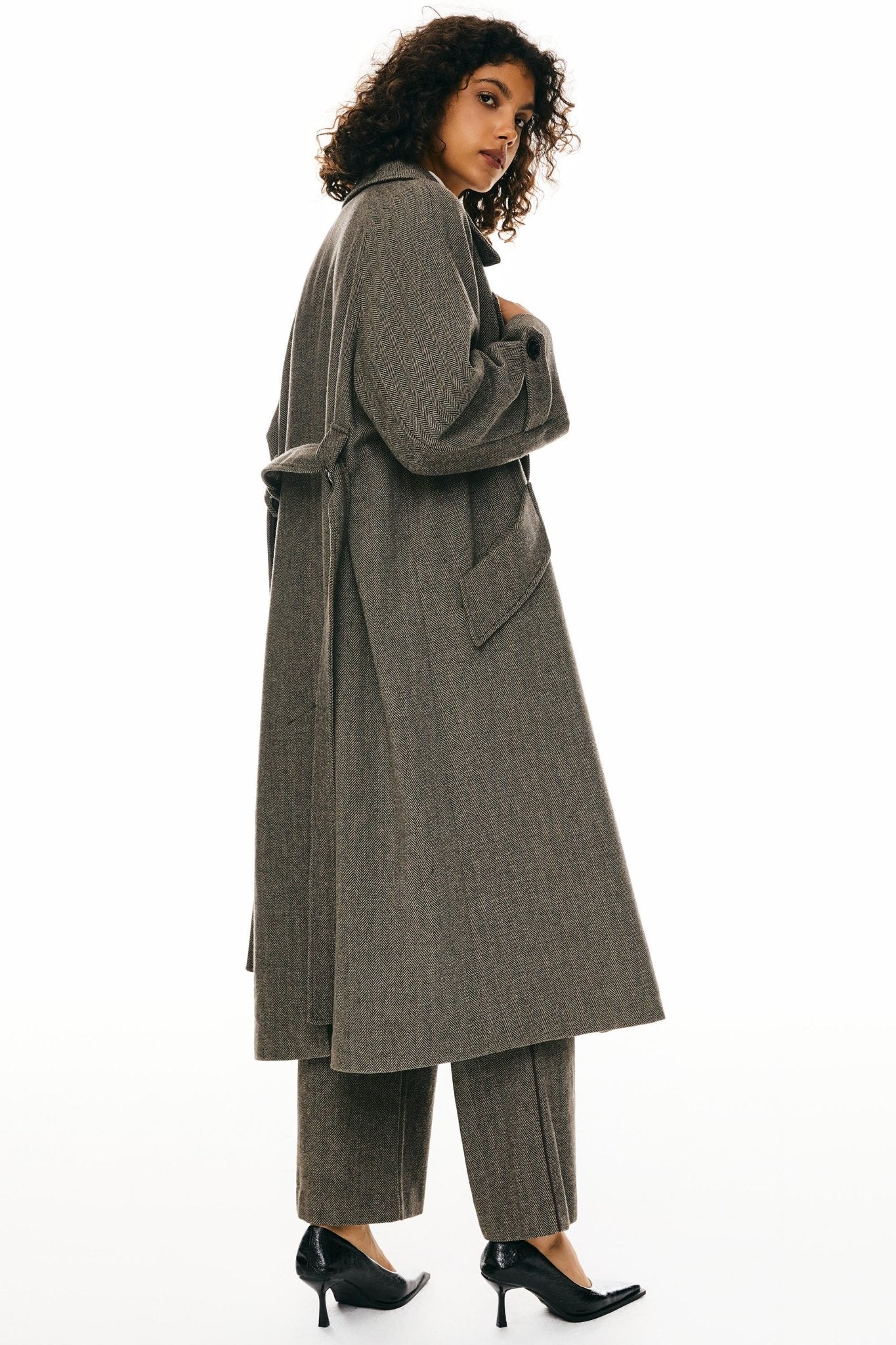 Oversized Wool Wrap Coat Orolay- #color_Brown stripes