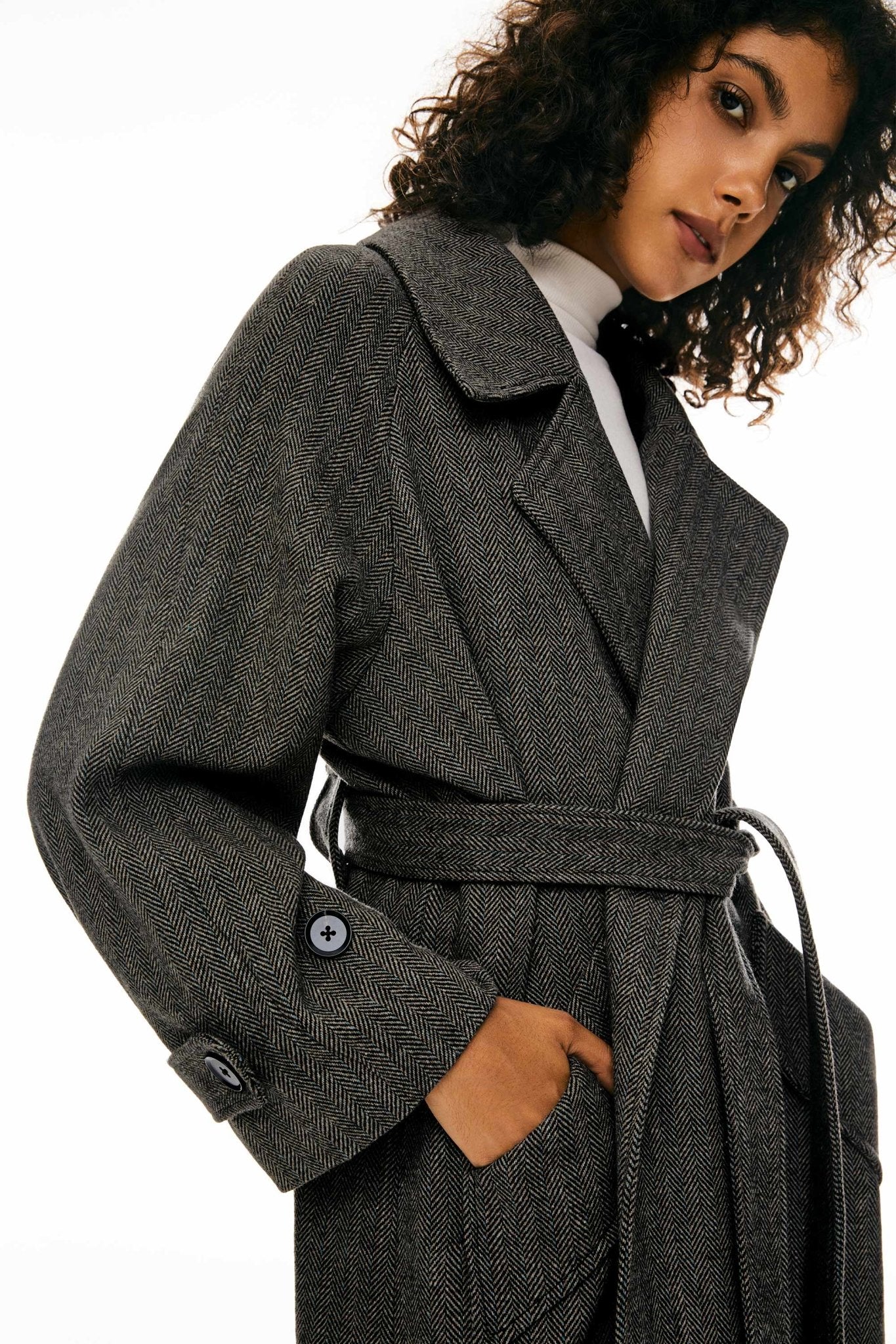 Oversized Wool Wrap Coat Orolay- #color_Black stripes