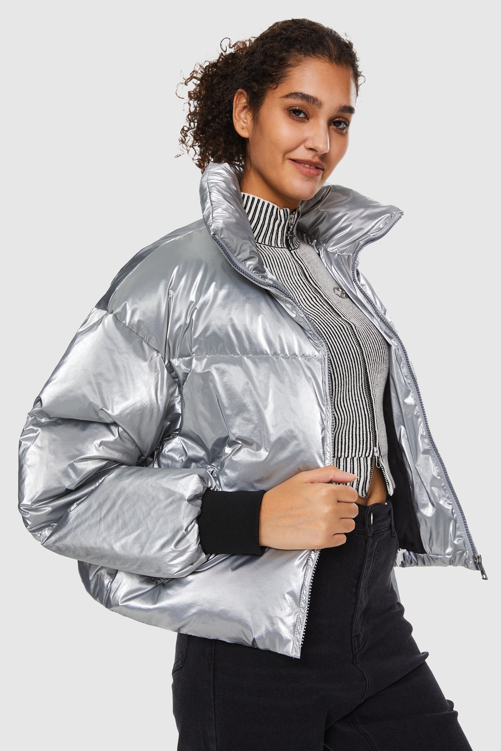 Orolay-Puff-O Cosmos Chrome Cropped Puffer-#color_Metallic Silver