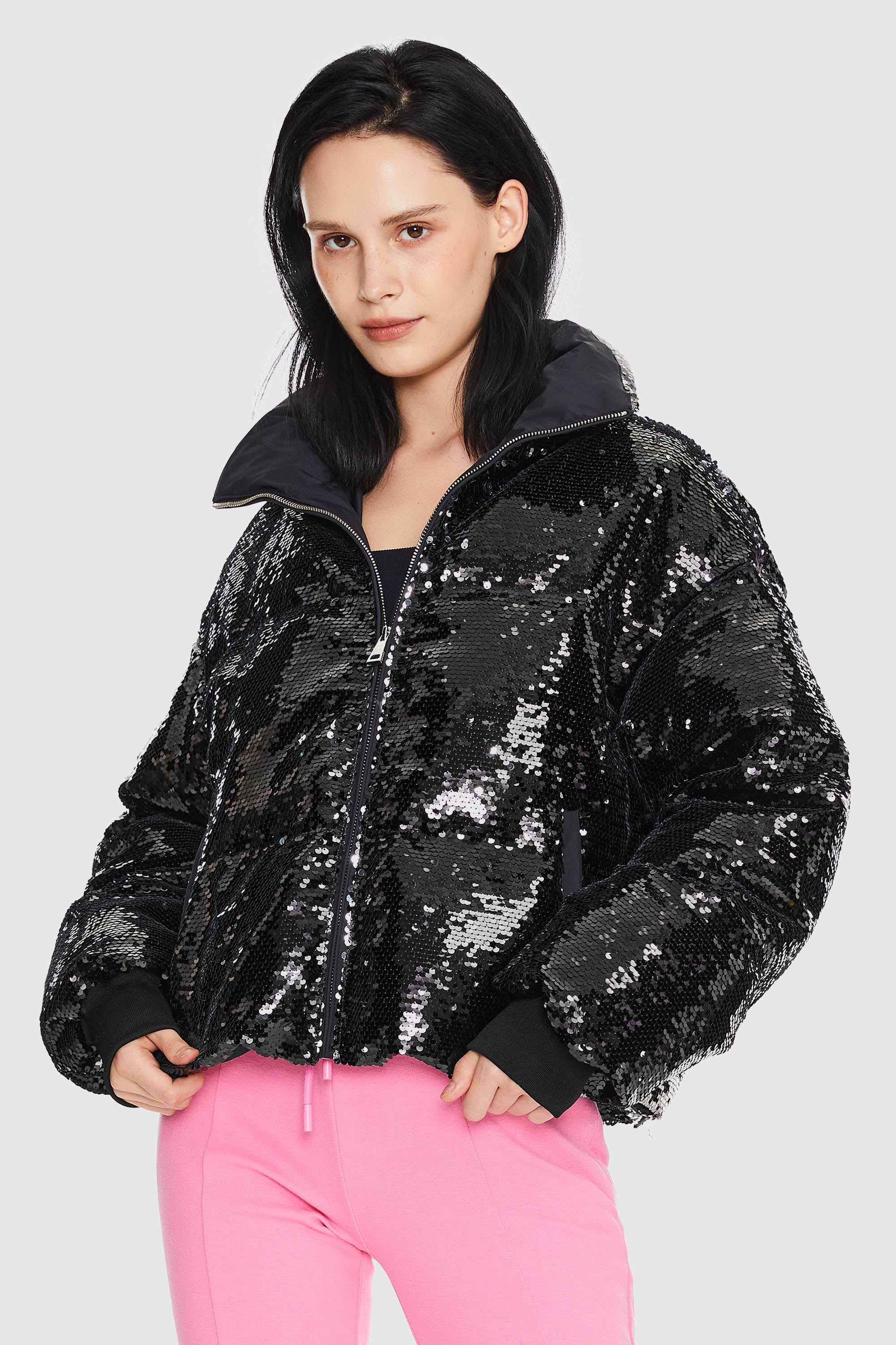 Orolay-Puff-O O-Lab Disco Sequin Jacket-#color_Black crystal