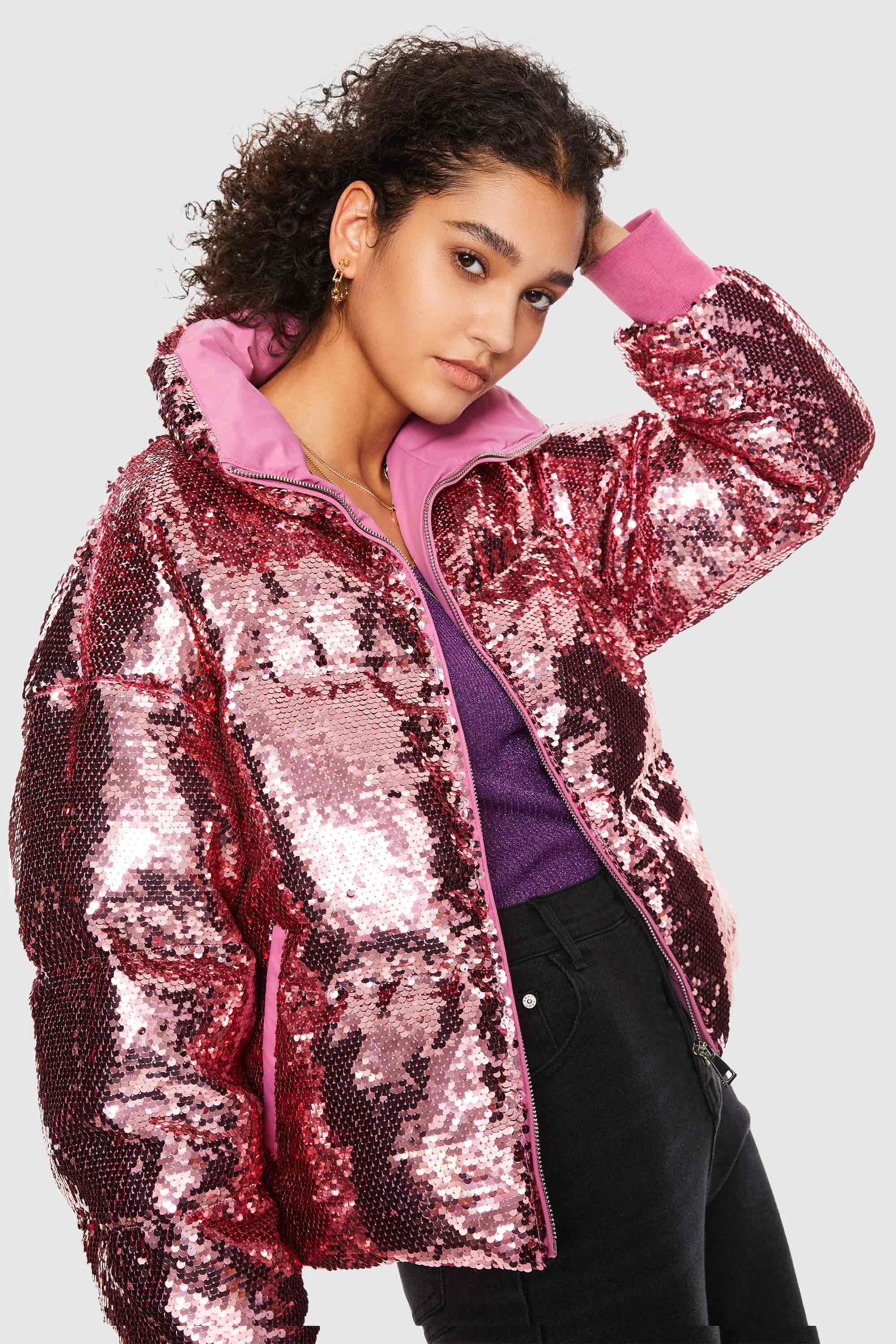 Orolay-Puff-O O-Lab Disco Sequin Jacket-#color_Pink crystal