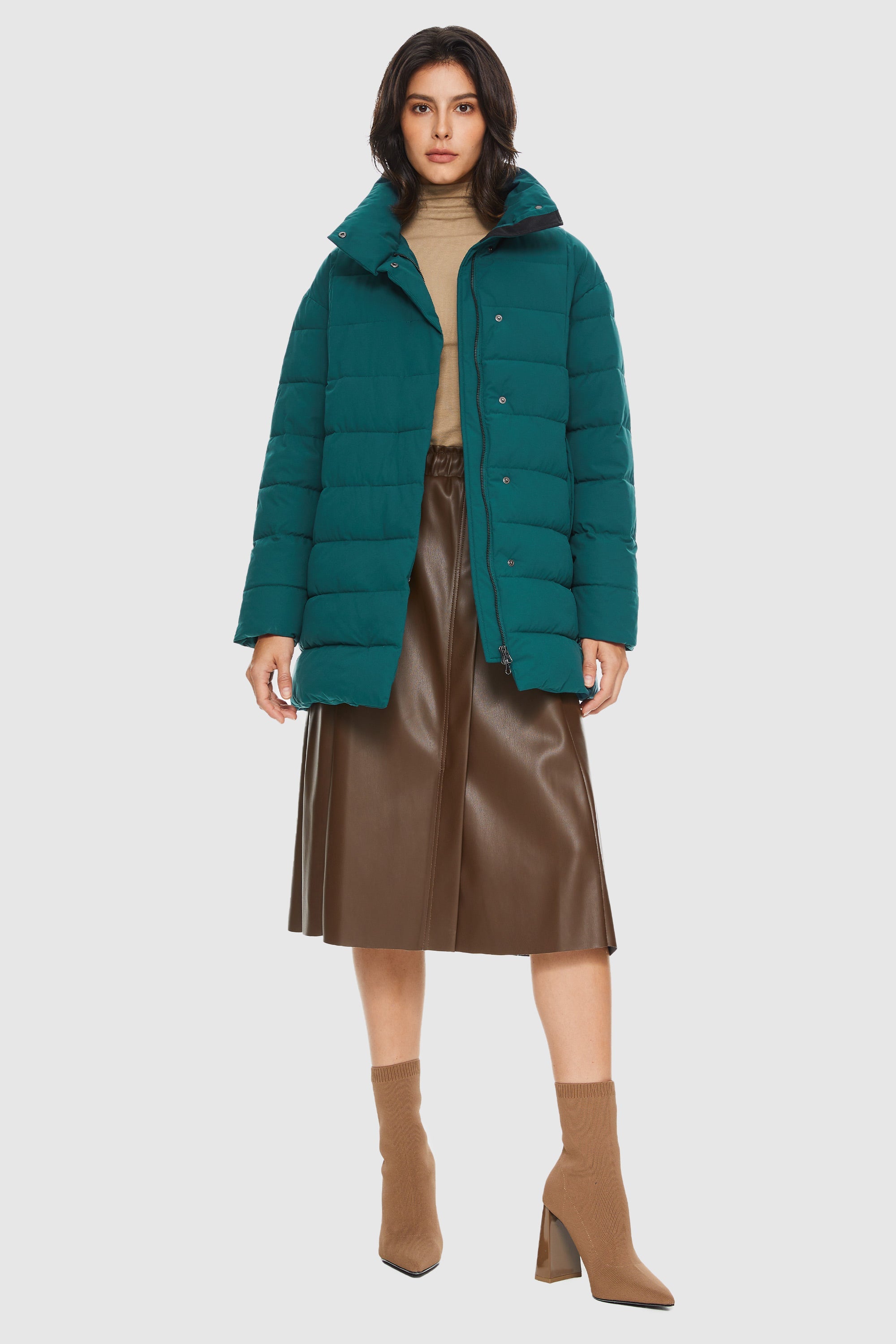 Orolay-Quilted Mid-Length Coat-#color_Sagebrush Green