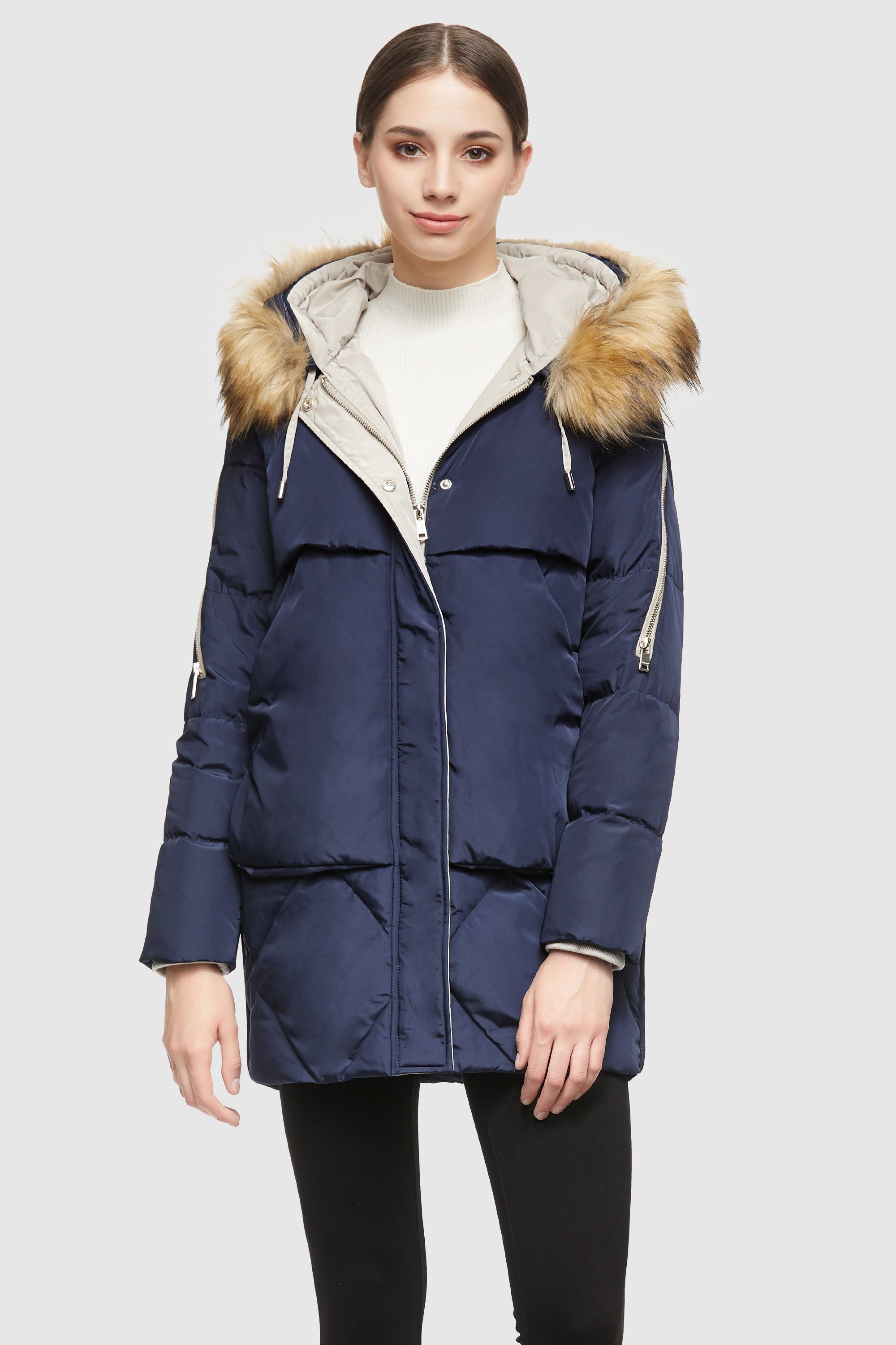 Orolay-Removable Fur Large Pockets Down Jacket-#color_Blueprint