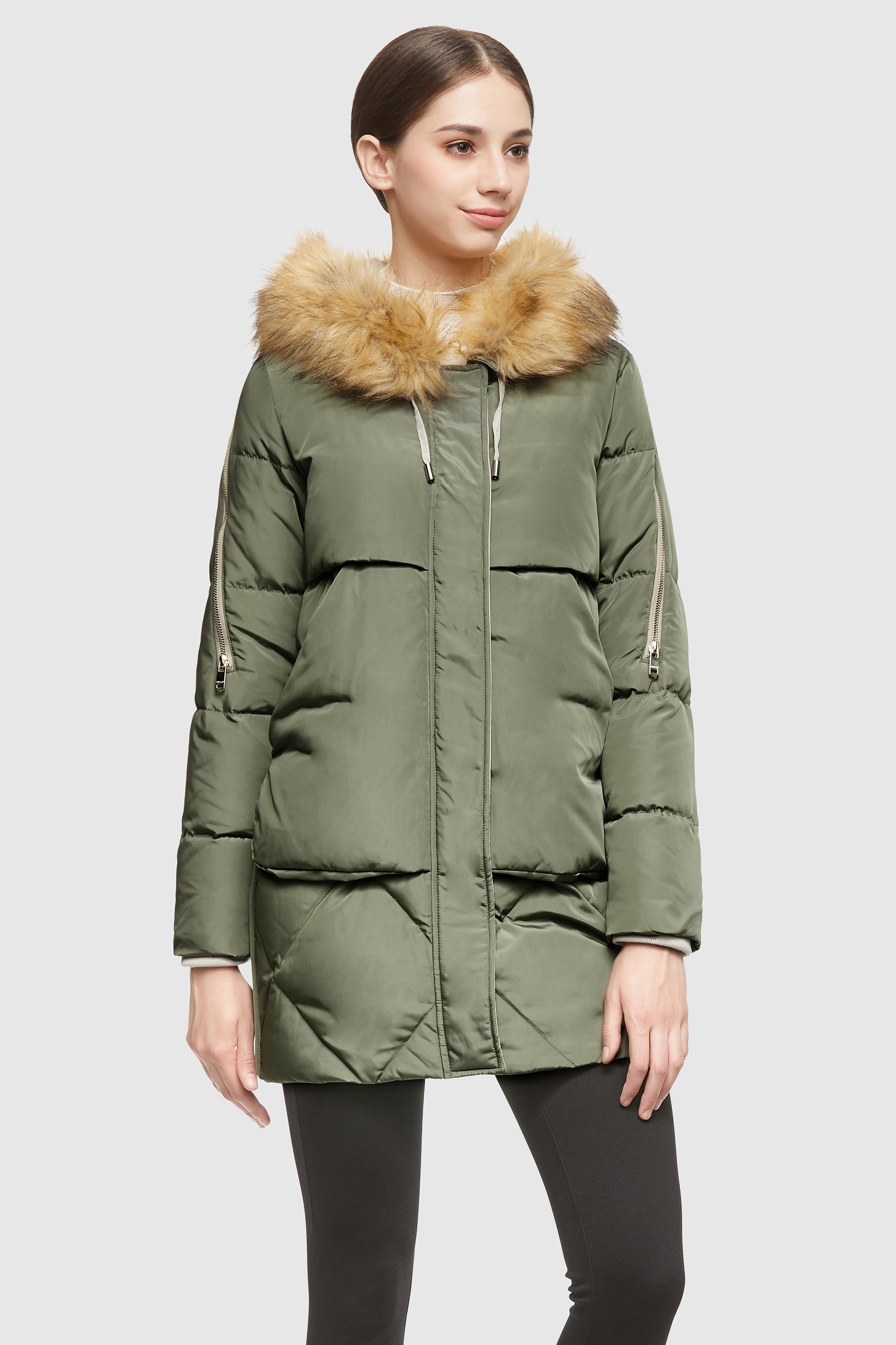 Orolay-Removable Fur Large Pockets Down Jacket-#color_Sage Green