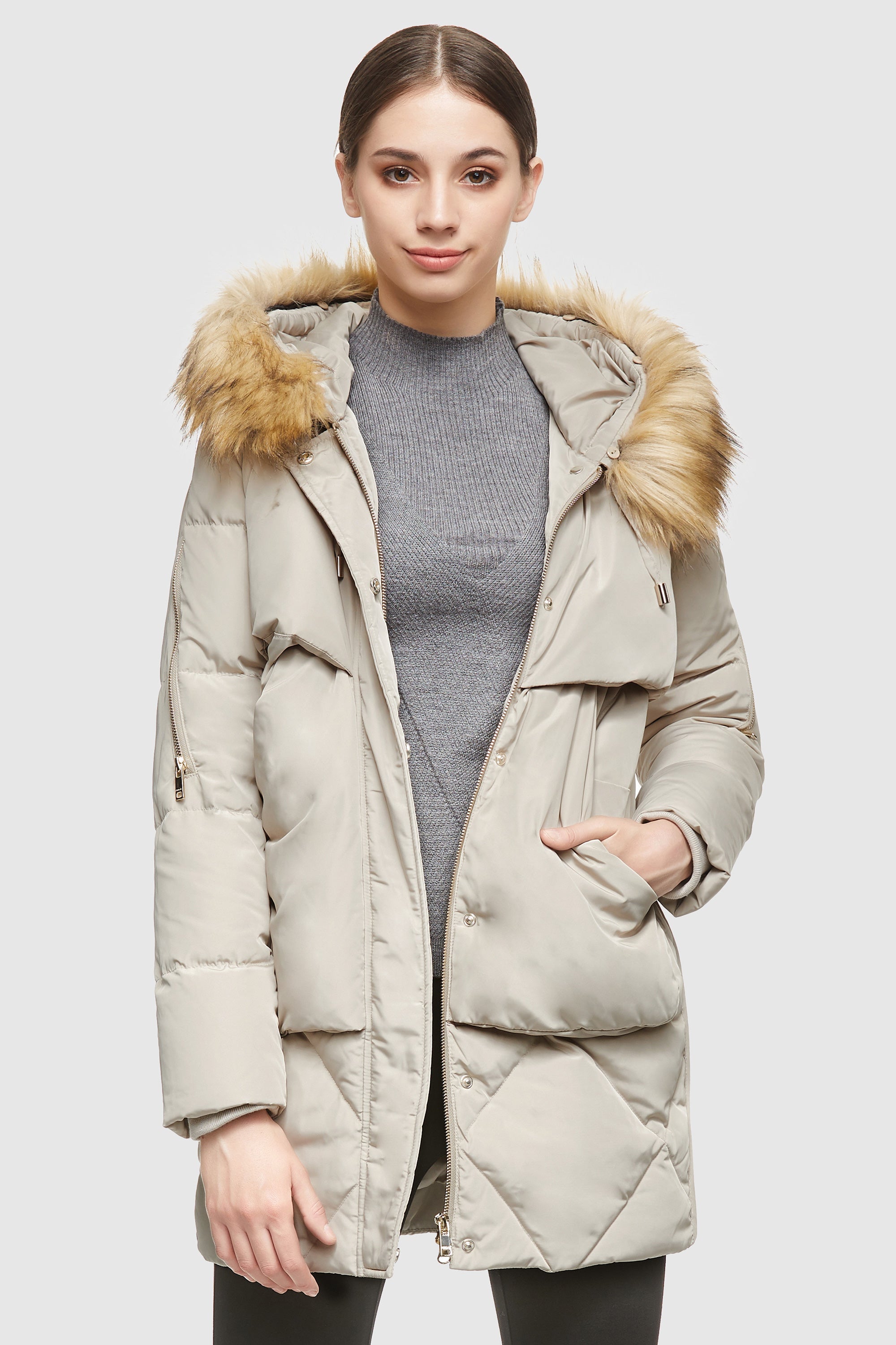 Orolay-Removable Fur Large Pockets Down Jacket-#color_Oat Milk