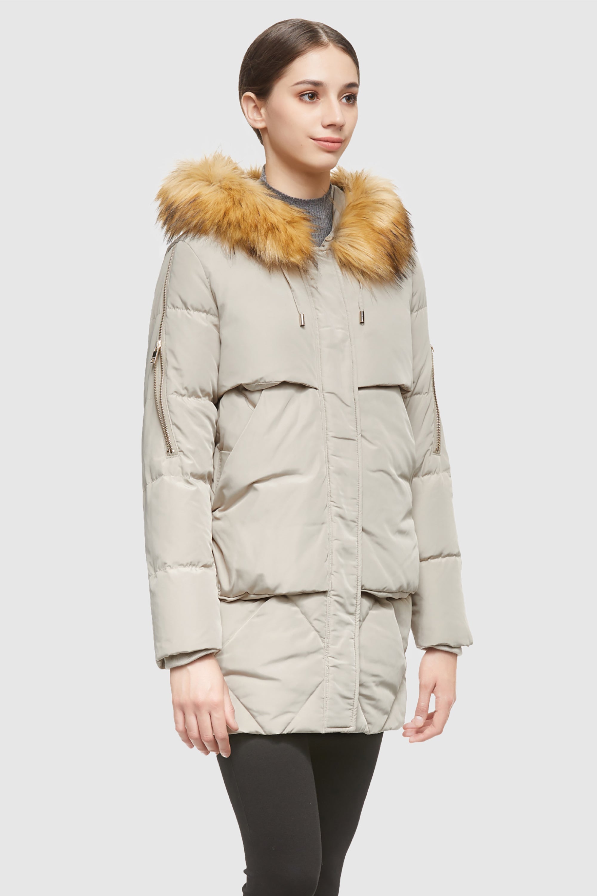 Orolay-Removable Fur Large Pockets Down Jacket-#color_Oat Milk