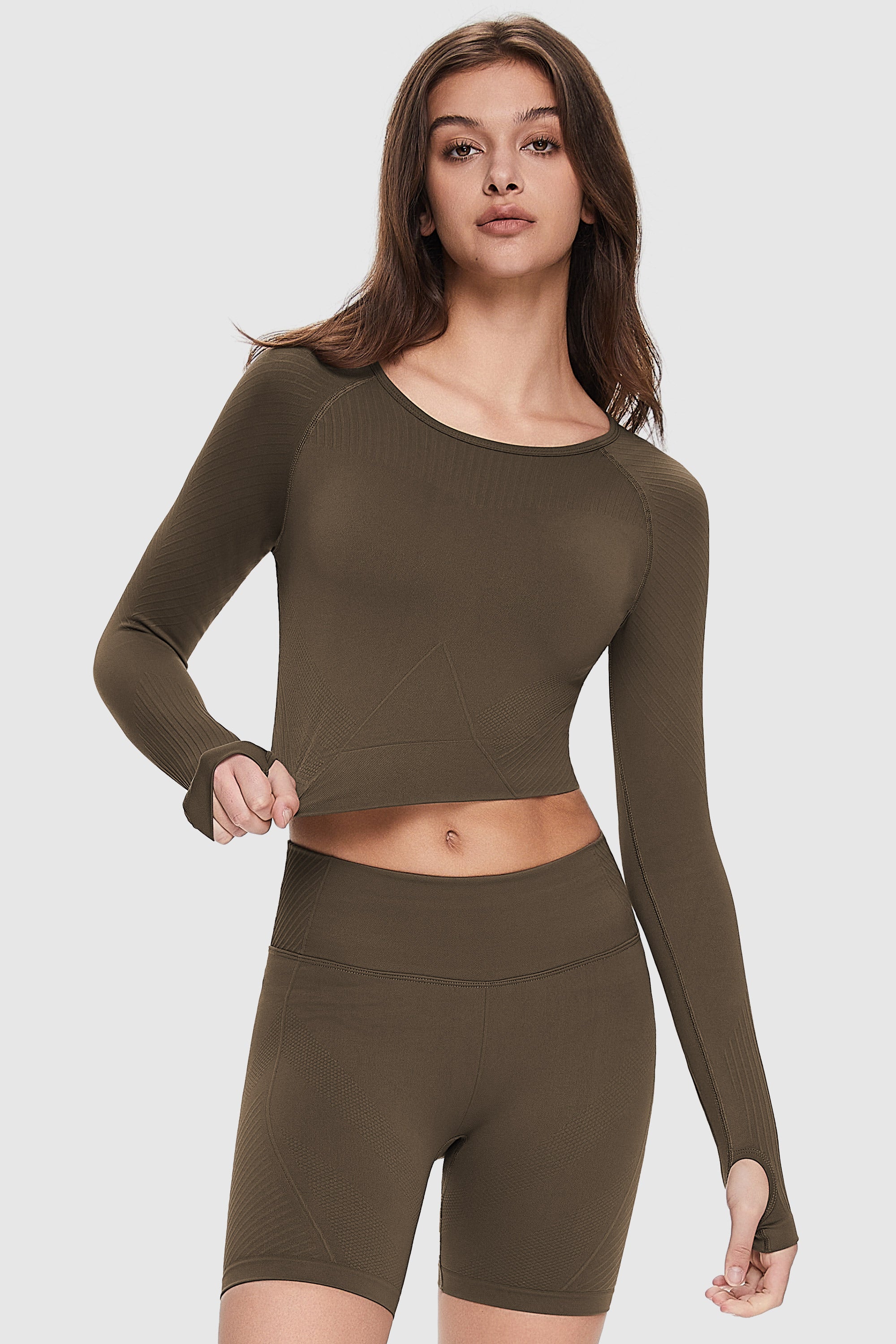 Orolay-Seamless Crop Athletic Tops-Image 1 of Seamless Crop Athletic Tops from Orolay - #color_Brown