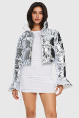 Orolay-Sequin Fashion Petite Jacket with Stand Collar-Image 2 of Sequin Fashion Petite Jacket with Stand Collar from Orolay - #color_Silver