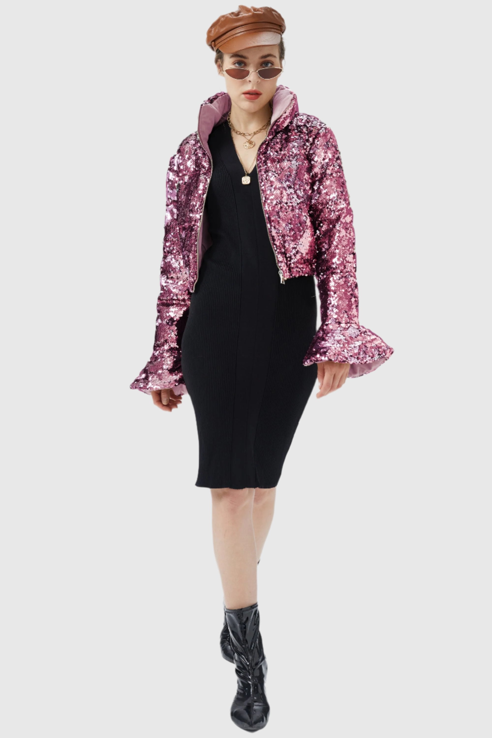 Orolay-Sequin Fashion Petite Jacket with Stand Collar-Image 1 of Sequin Fashion Petite Jacket with Stand Collar from Orolay - #color_Pink crystal