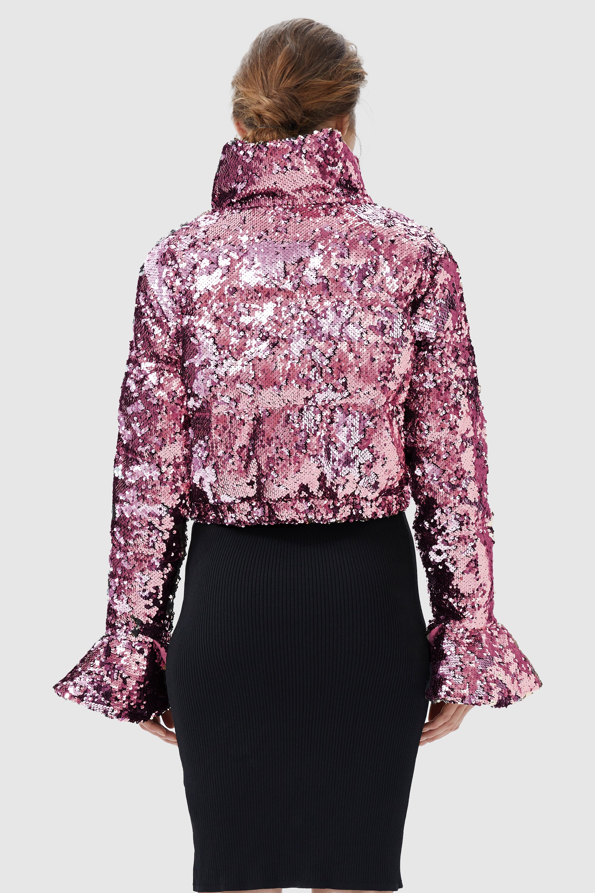 Orolay-Sequin Fashion Petite Jacket with Stand Collar-Image 3 of Sequin Fashion Petite Jacket with Stand Collar from Orolay - #color_Pink crystal