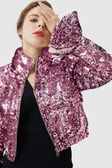 Orolay-Sequin Fashion Petite Jacket with Stand Collar-Image 4 of Sequin Fashion Petite Jacket with Stand Collar from Orolay - #color_Pink crystal