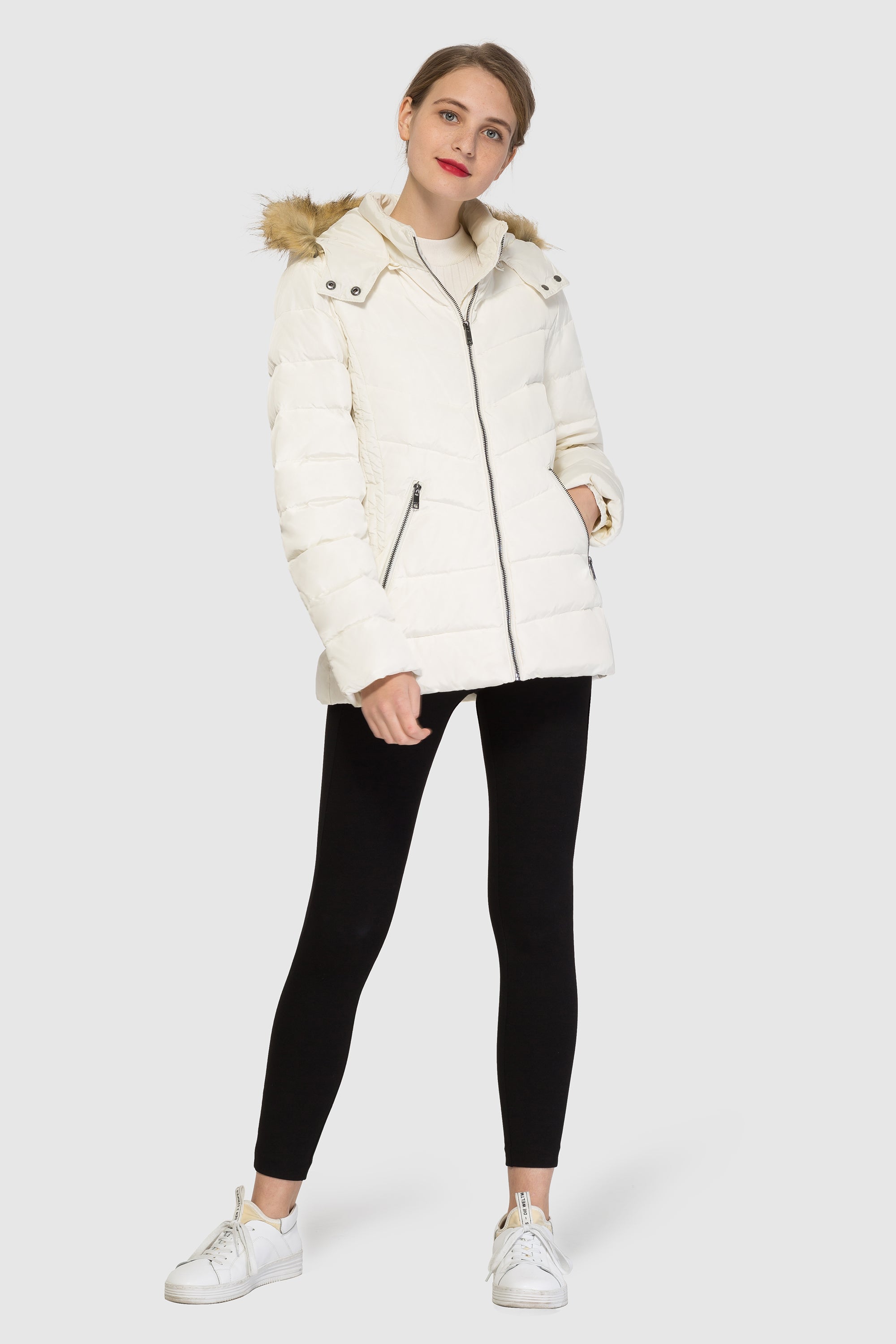 Orolay-Short Down Coat with Removable Elastic Belt-#color_Tofu