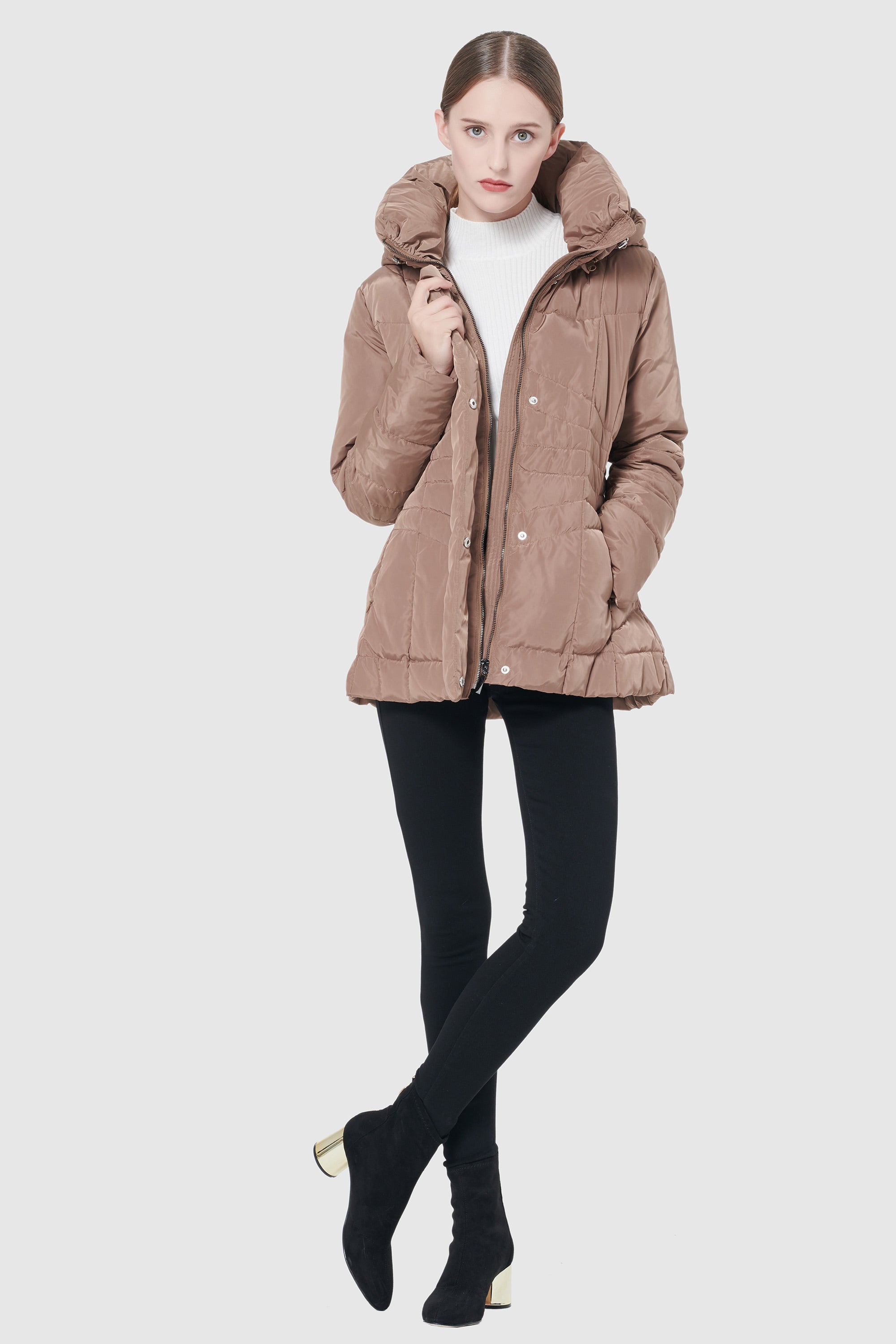 Orolay-Short Down Coat with Removable Hood-#color_Roebuck