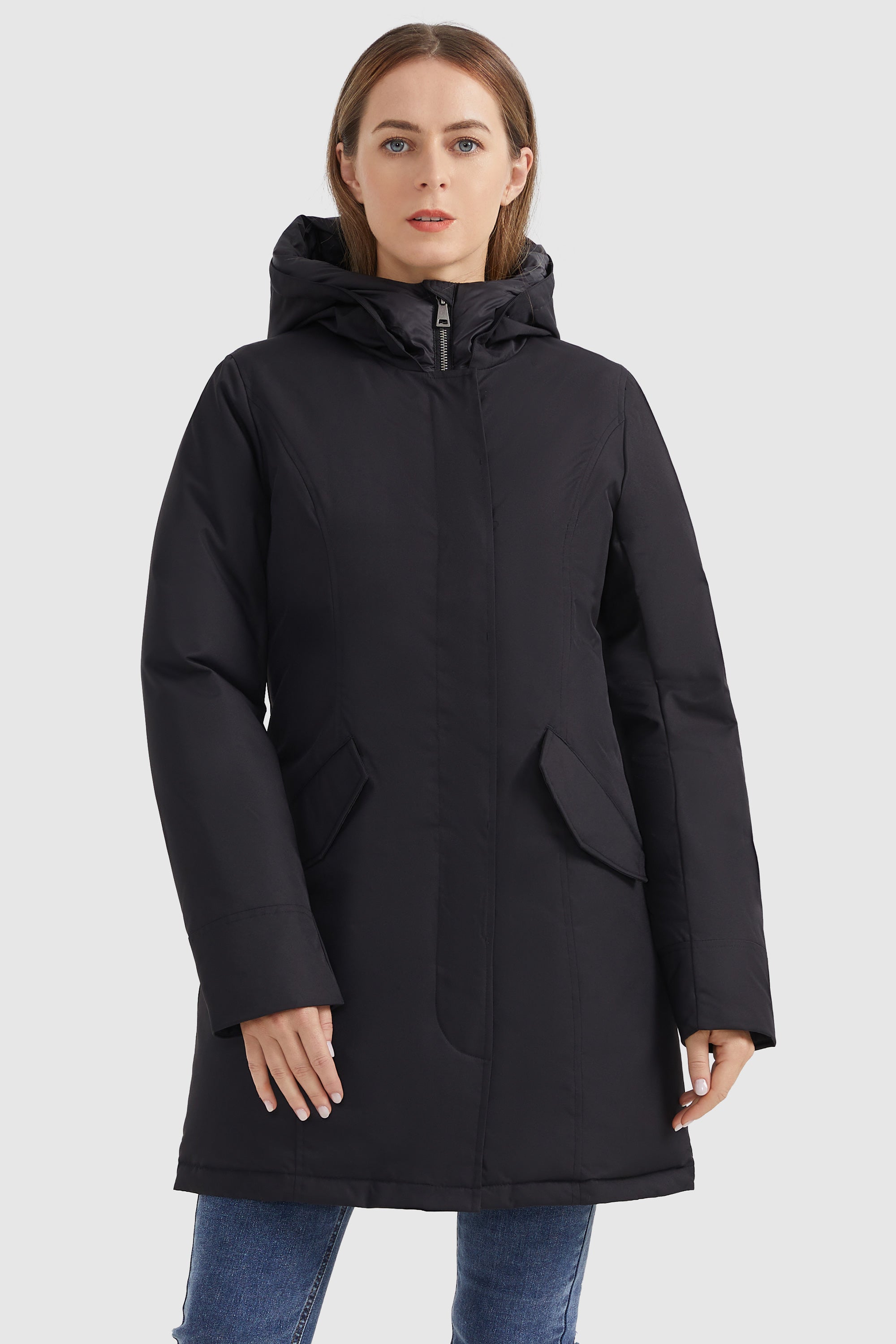 Orolay-Slim Fit Flap Pocket Puffer Down Parka-#color_Black