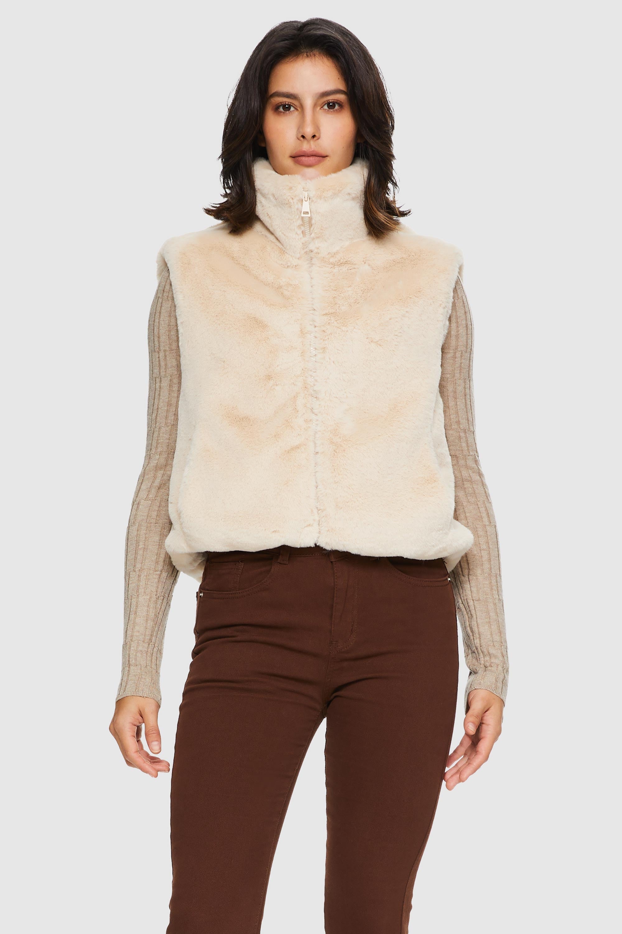 Orolay-Solid Zip Up Faux Fur Vest Coat-#color_Summer Melon