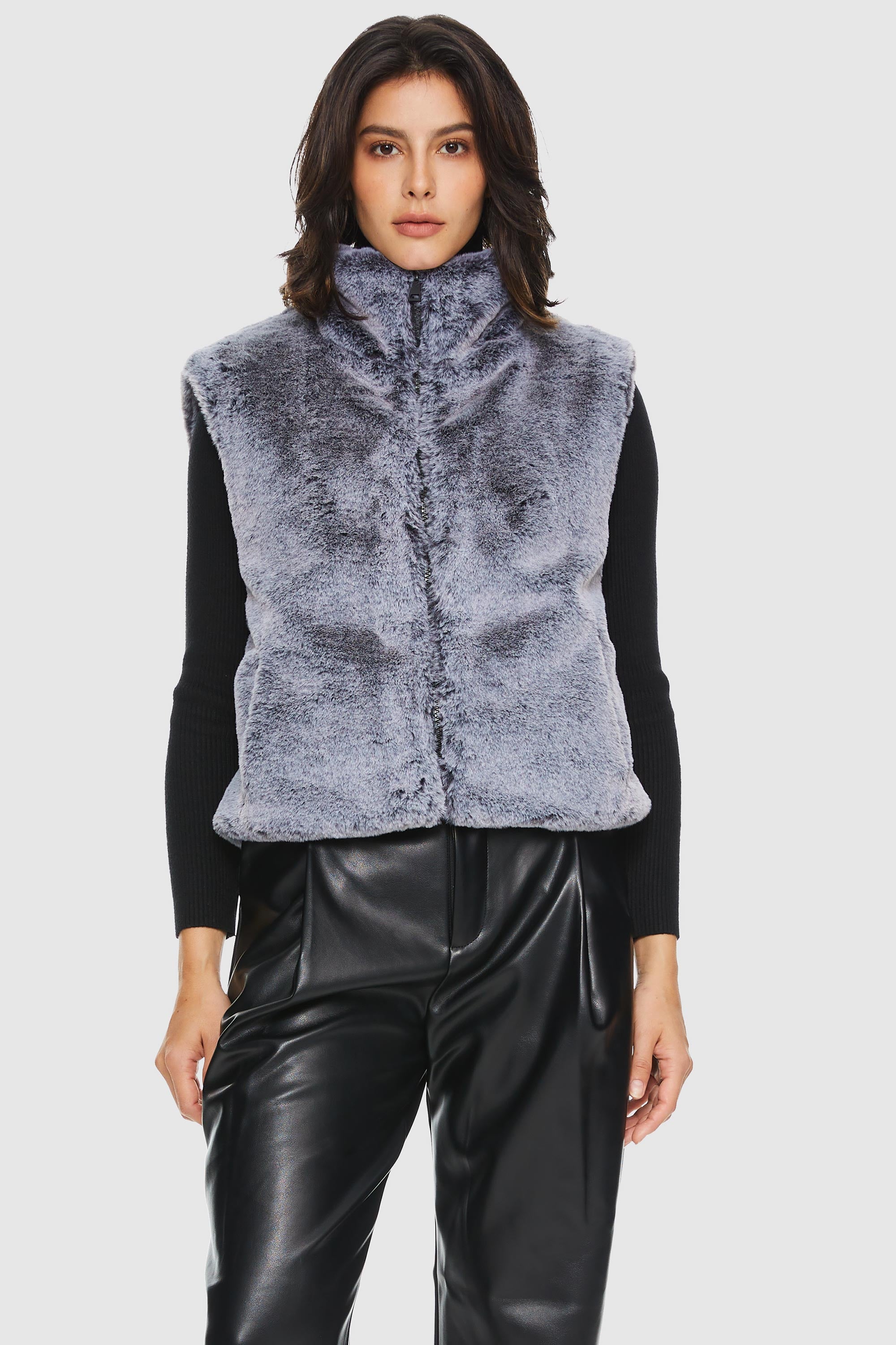 Orolay-Solid Zip Up Faux Fur Vest Coat-#color_Eventide