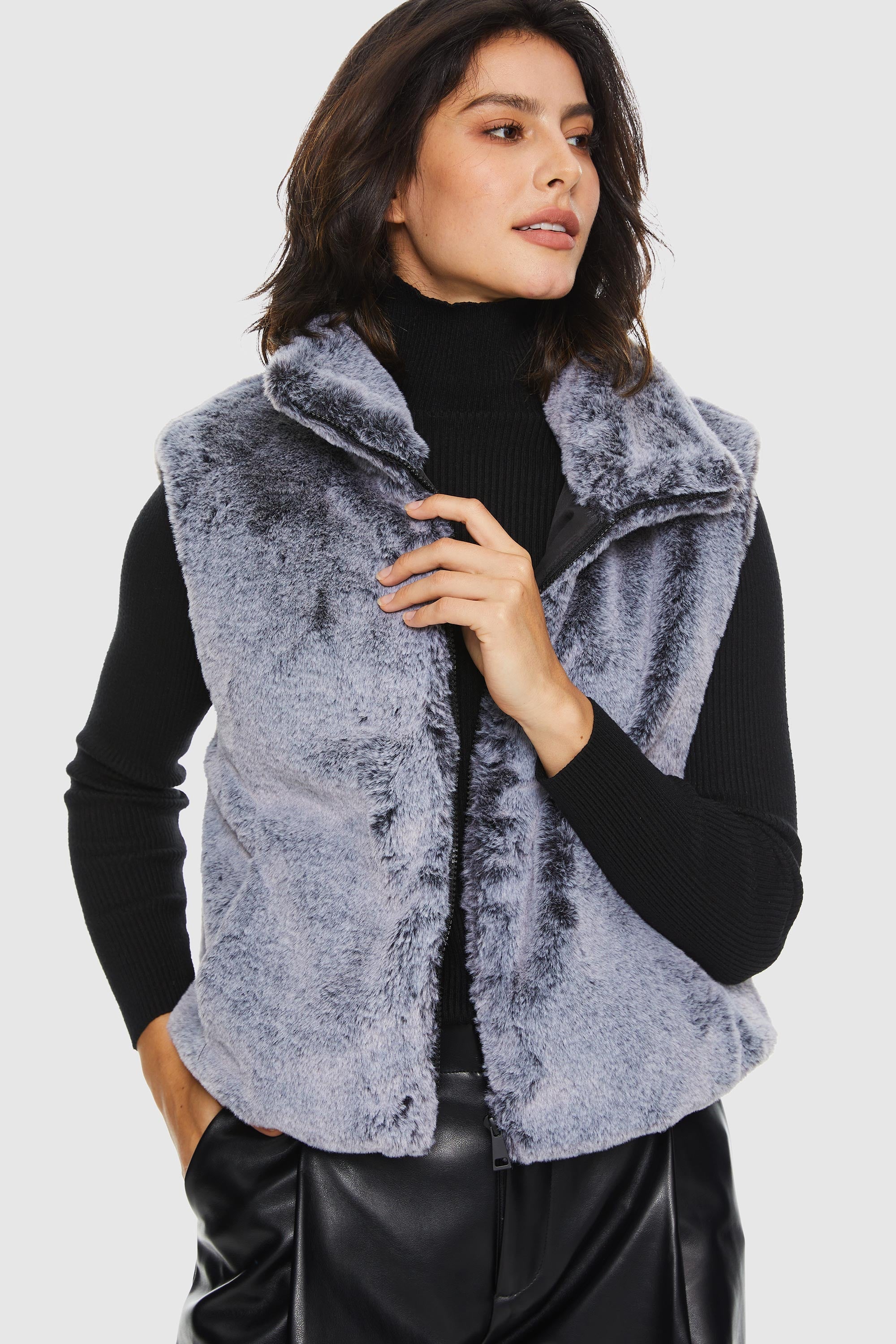 Orolay-Solid Zip Up Faux Fur Vest Coat-#color_Eventide