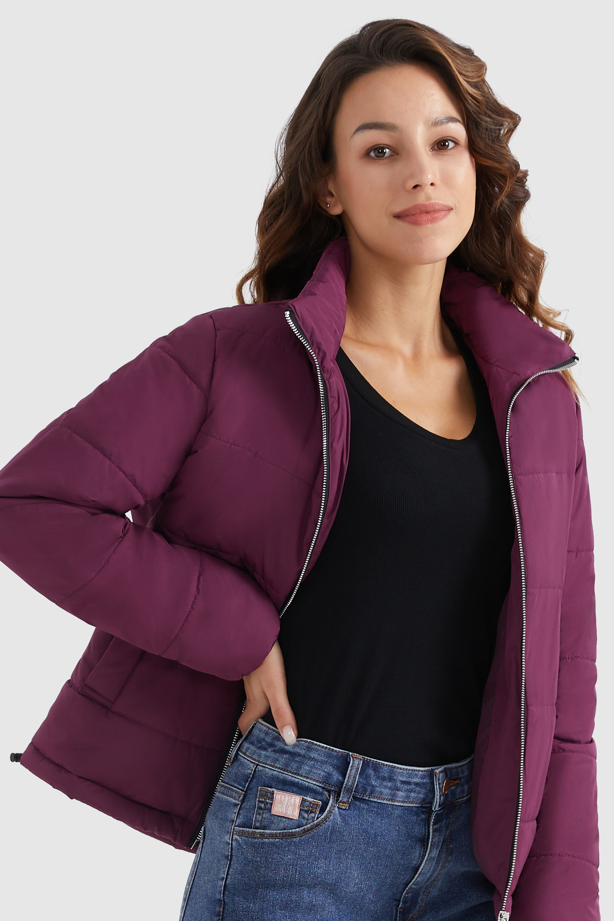 Orolay-Solid Zip Up Lightweight Puffer Coat-#color_Magenta Purple