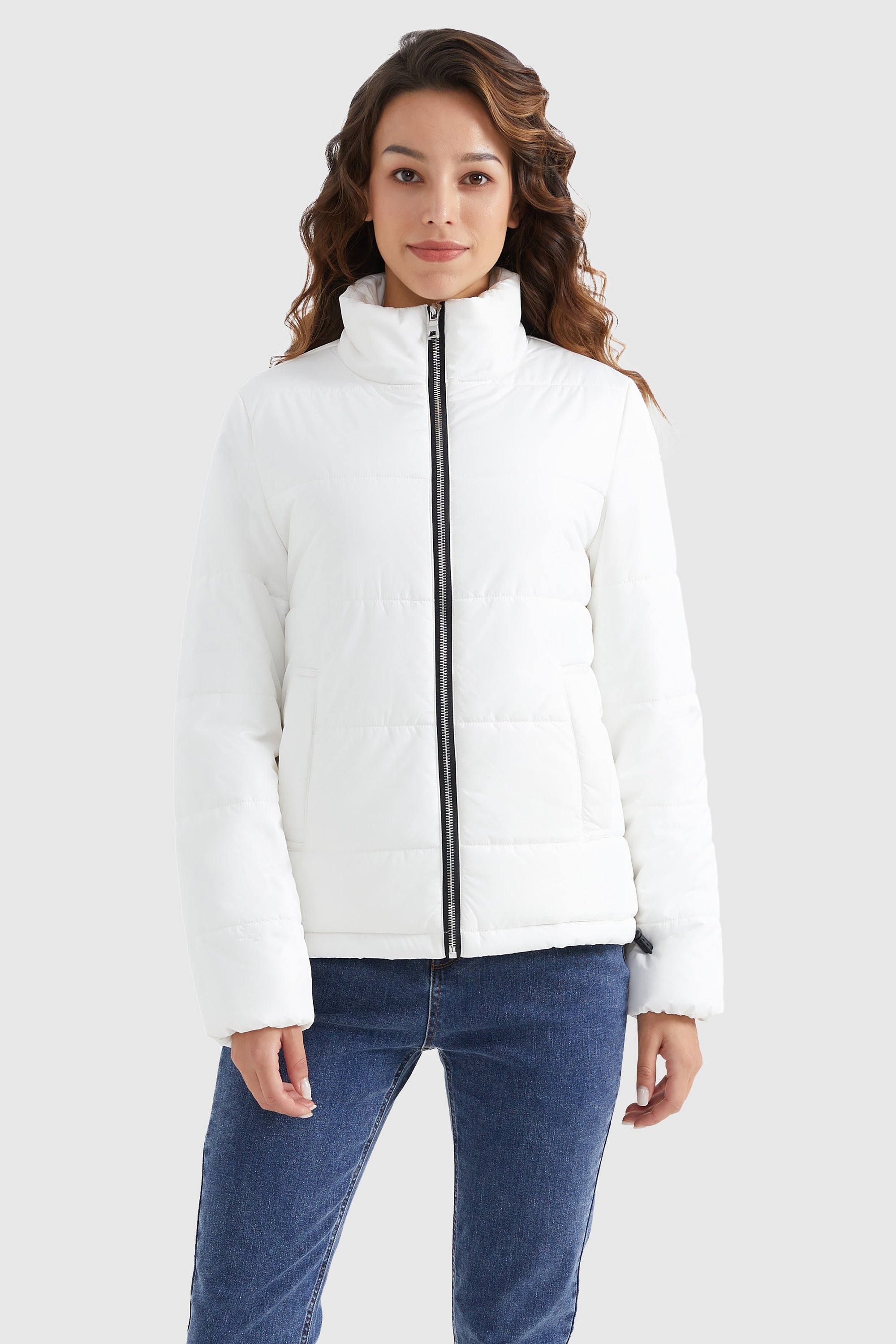 Orolay-Solid Zip Up Lightweight Puffer Coat-#color_White