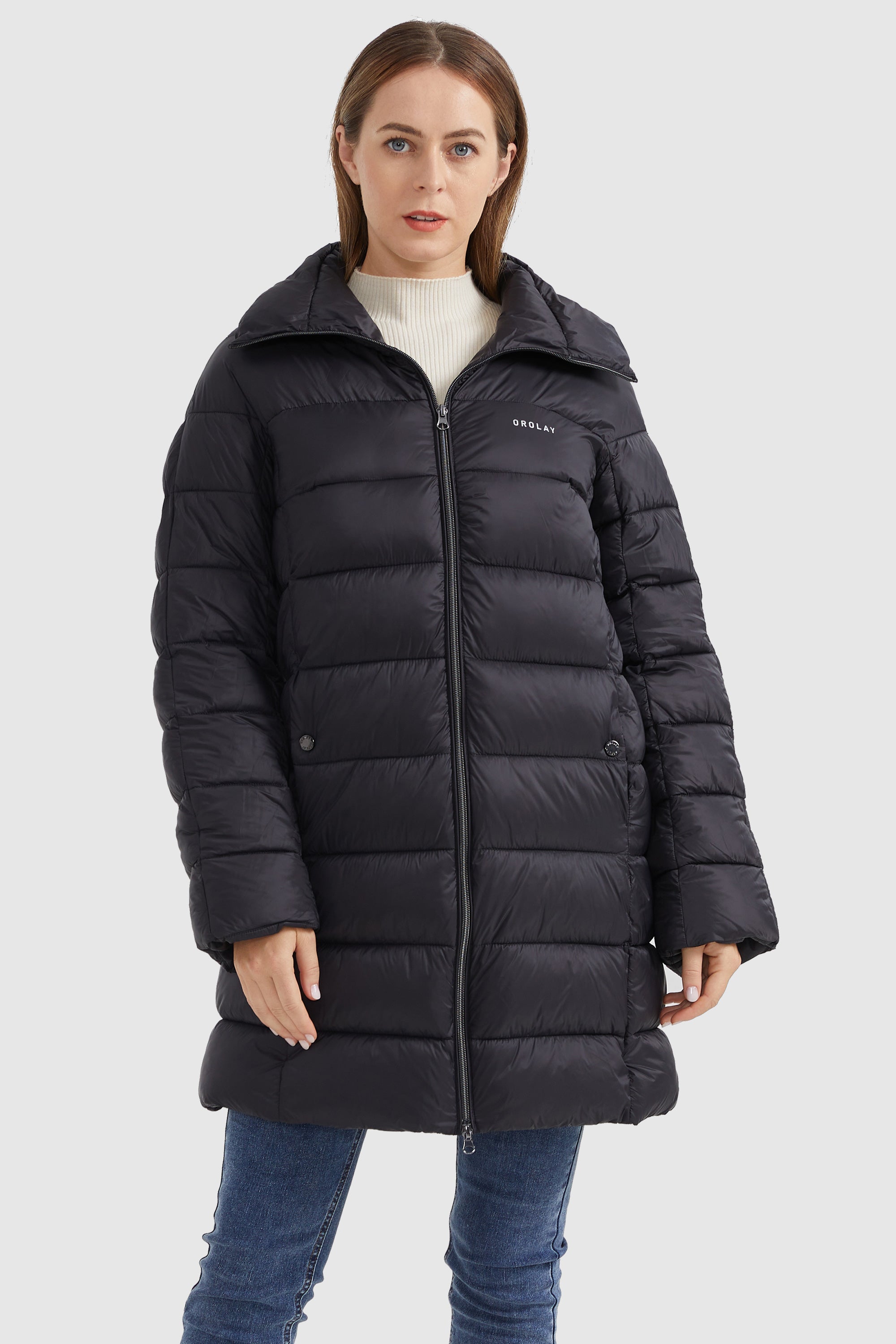 Orolay-Stand Collar Full-Zip Puffer-#color_Black