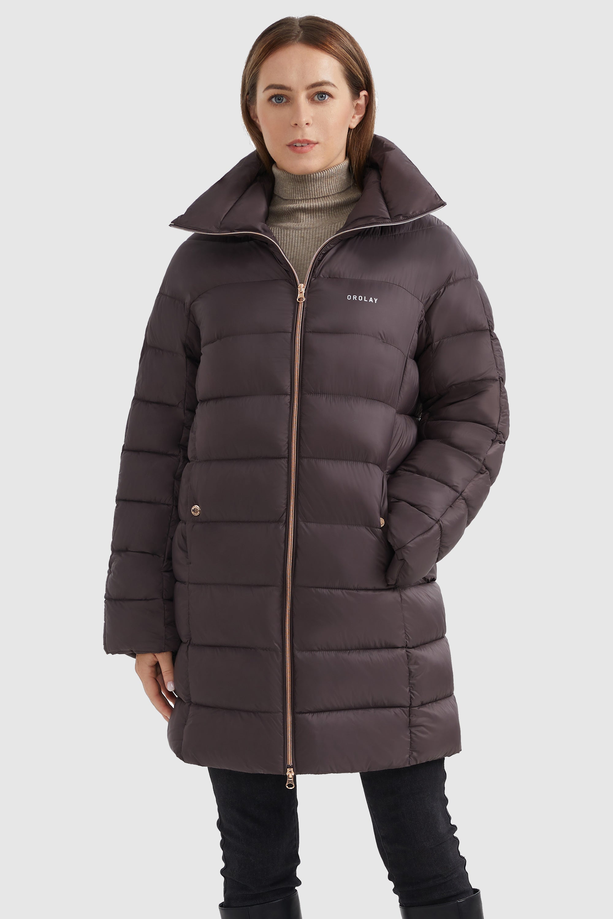 Orolay-Stand Collar Full-Zip Puffer-#color_Fudge