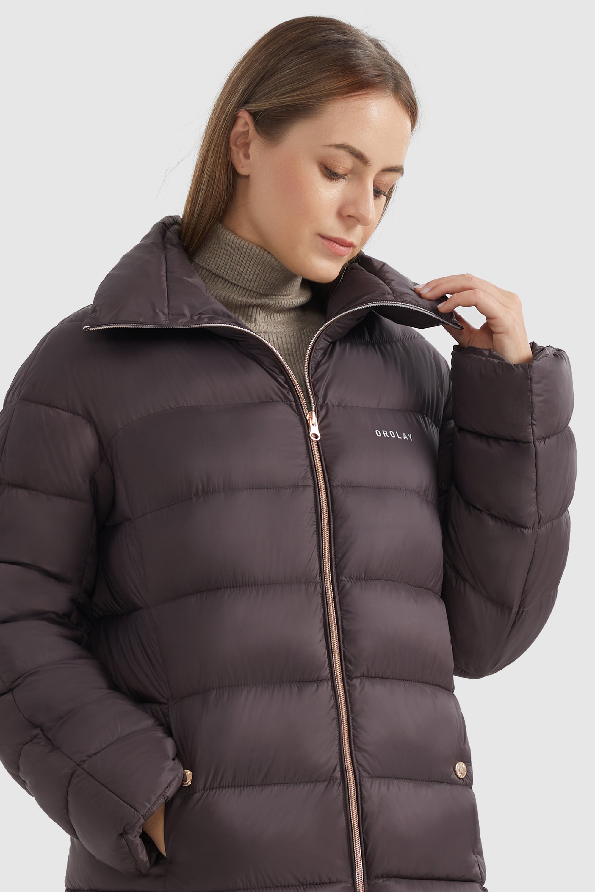 Orolay-Stand Collar Full-Zip Puffer-#color_Fudge