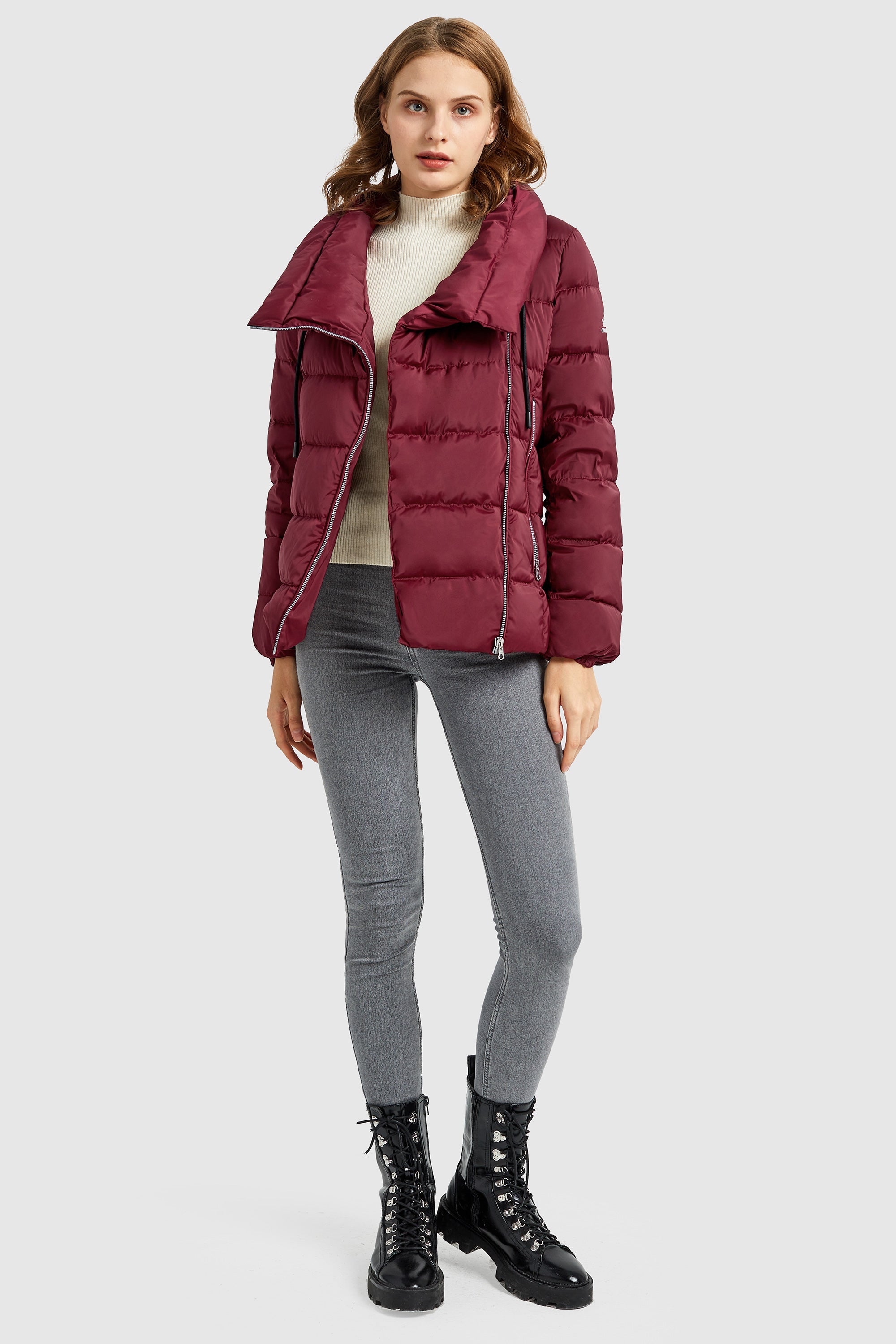 Orolay-Stand Collar Oblique Placket Puffer Coat-#color_Red Dahlia