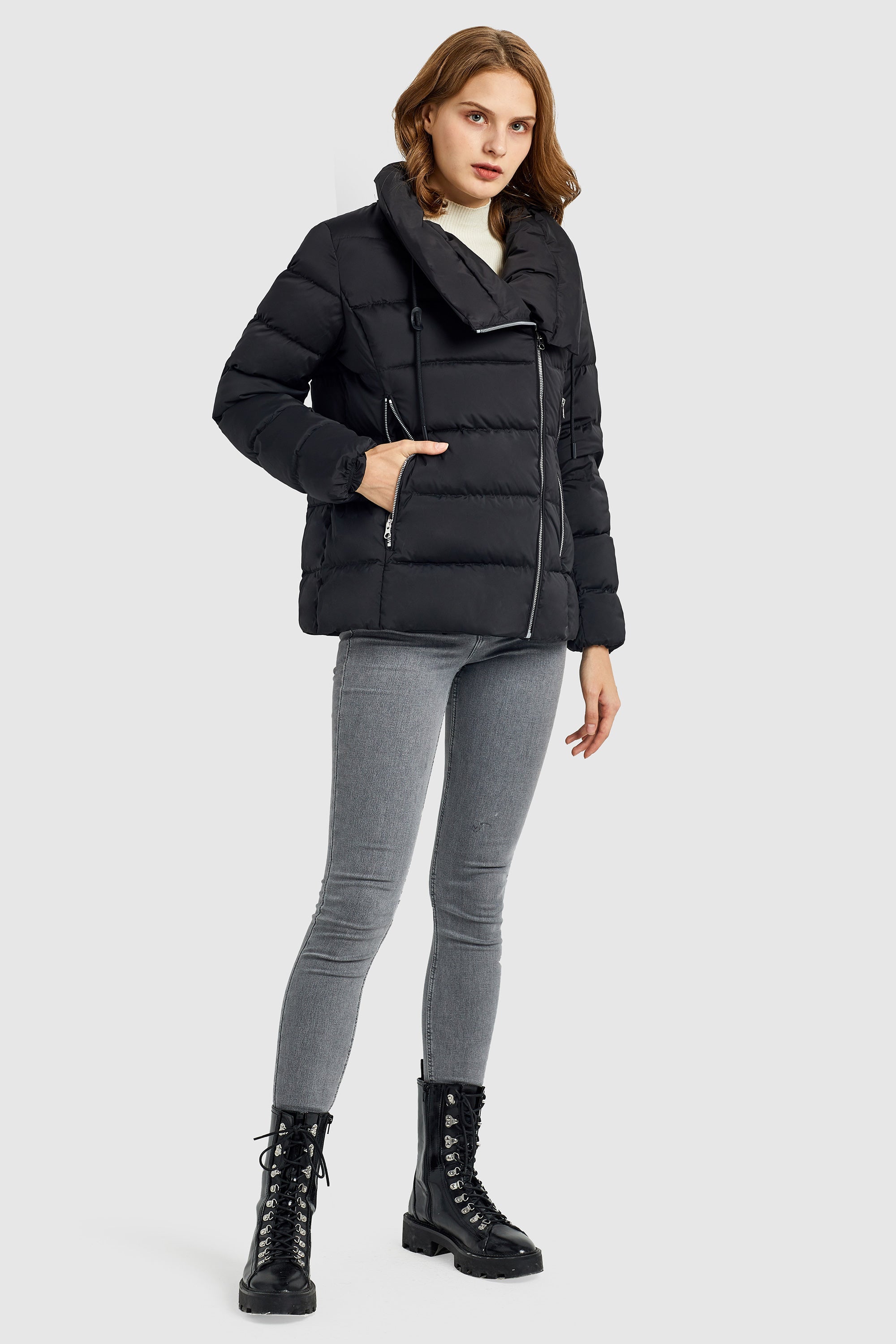 Orolay-Stand Collar Oblique Placket Puffer Coat-#color_Black