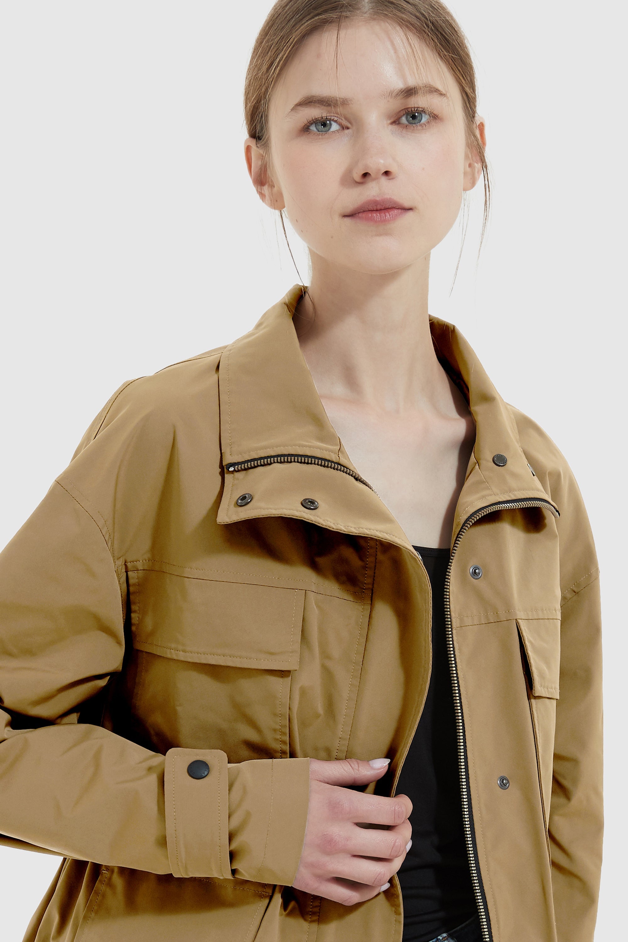 Orolay-Stand Collar Zip Up Simple Jacket-#color_Bronze Mist