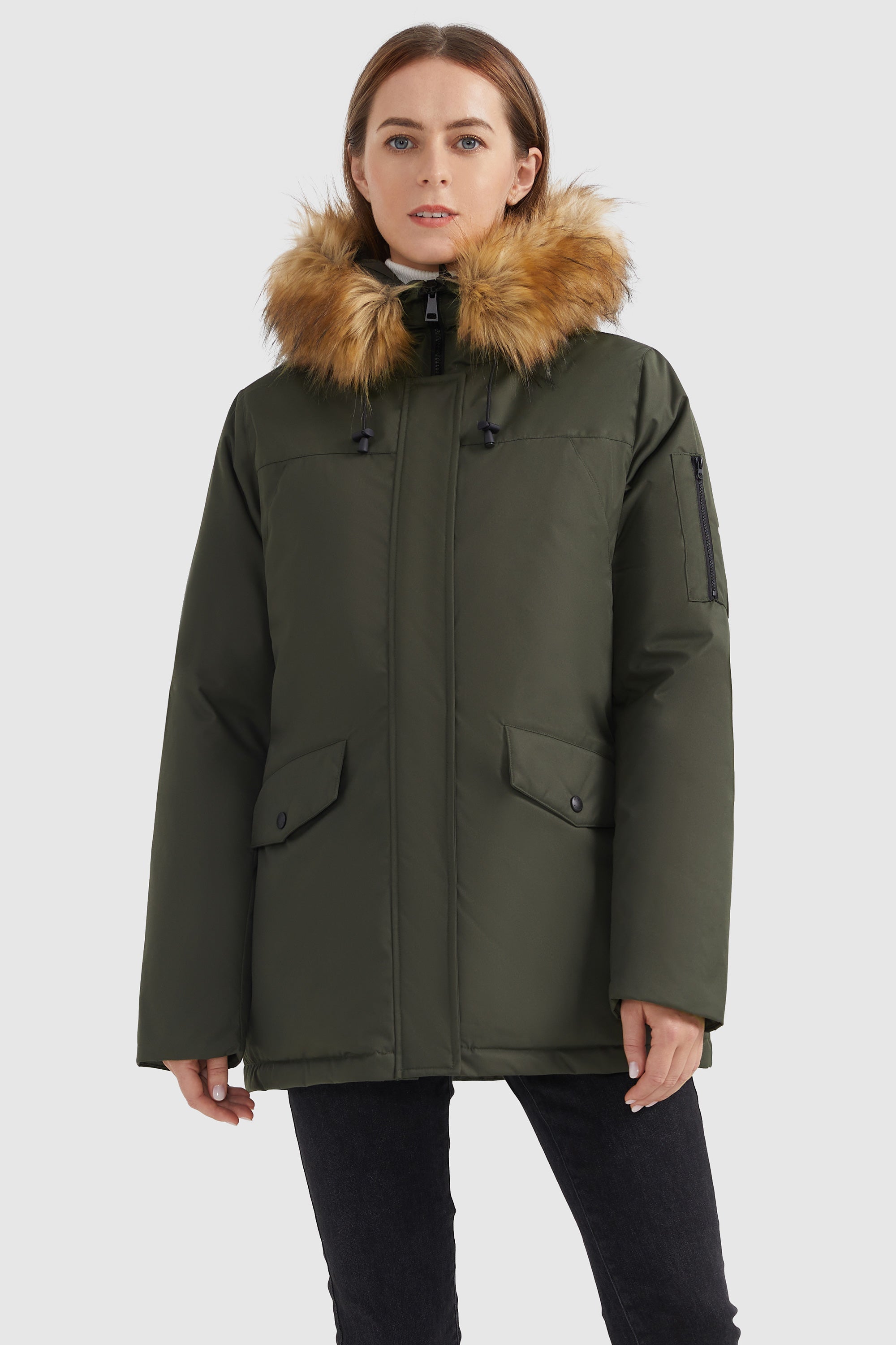 Orolay-Thickened Down Coat with Faux Fur Trim Hood-#color_Sea Turtle