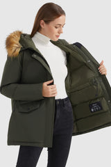 Orolay-Thickened Down Coat with Faux Fur Trim Hood-#color_Sea Turtle