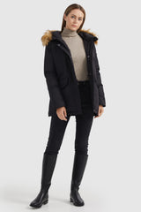 Orolay-Thickened Down Coat with Faux Fur Trim Hood-#color_Black