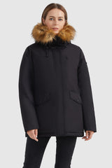 Orolay-Thickened Down Coat with Faux Fur Trim Hood-#color_Black