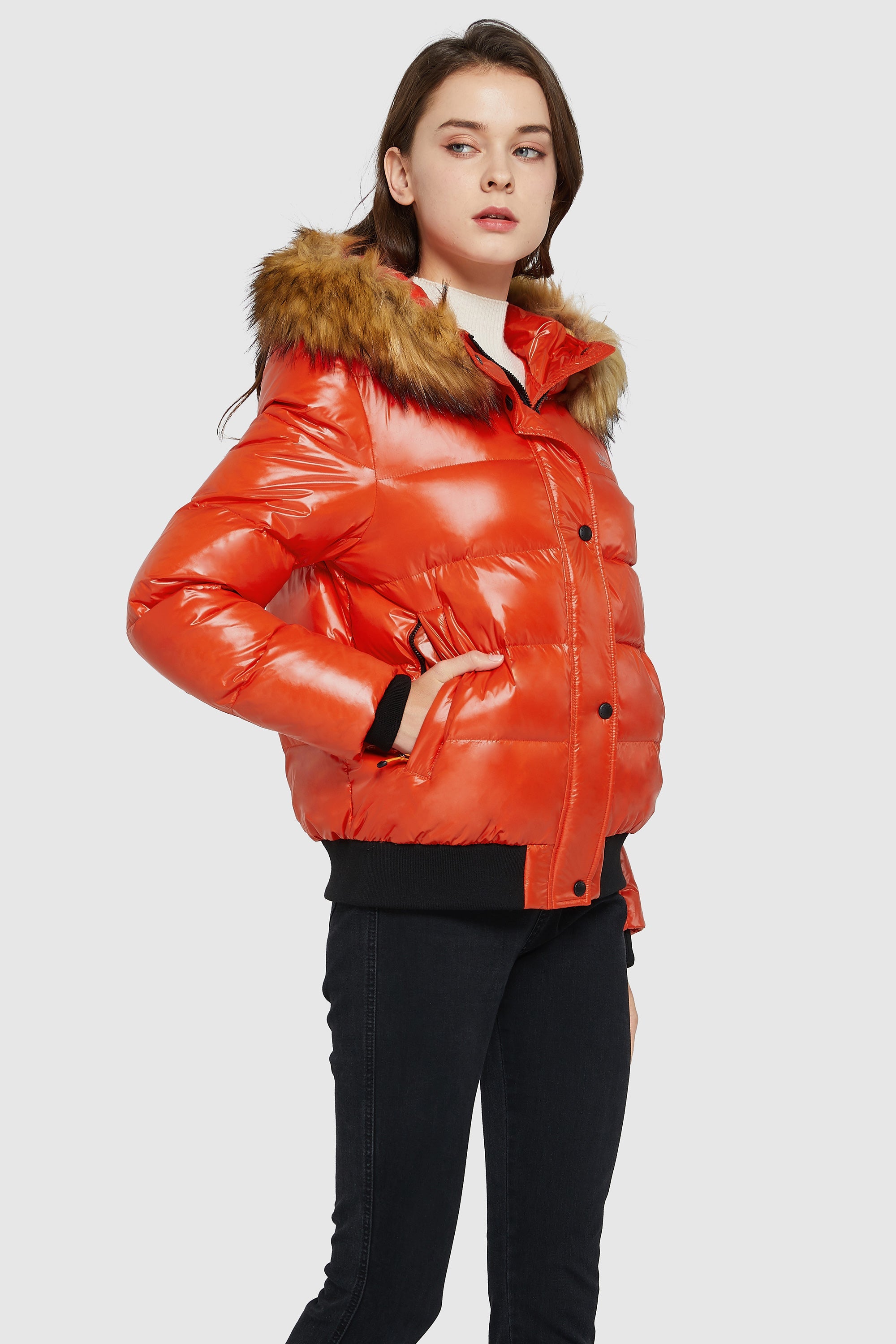 Orolay-Thickened Winter Shiny Puffer Jacket-#color_Red Orange