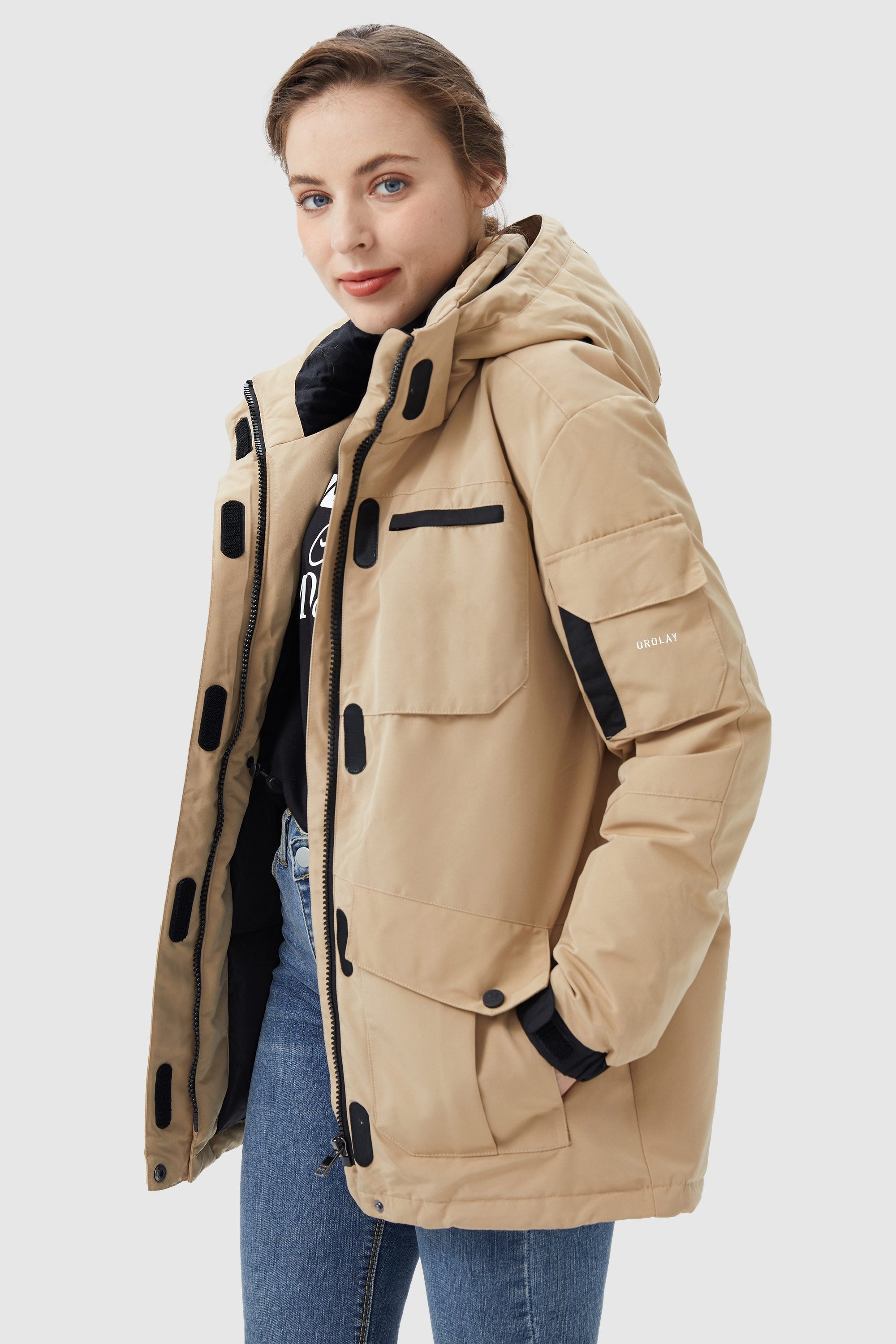 Orolay-Warm Multiple Pockets Parka Jacket-#color_Sand