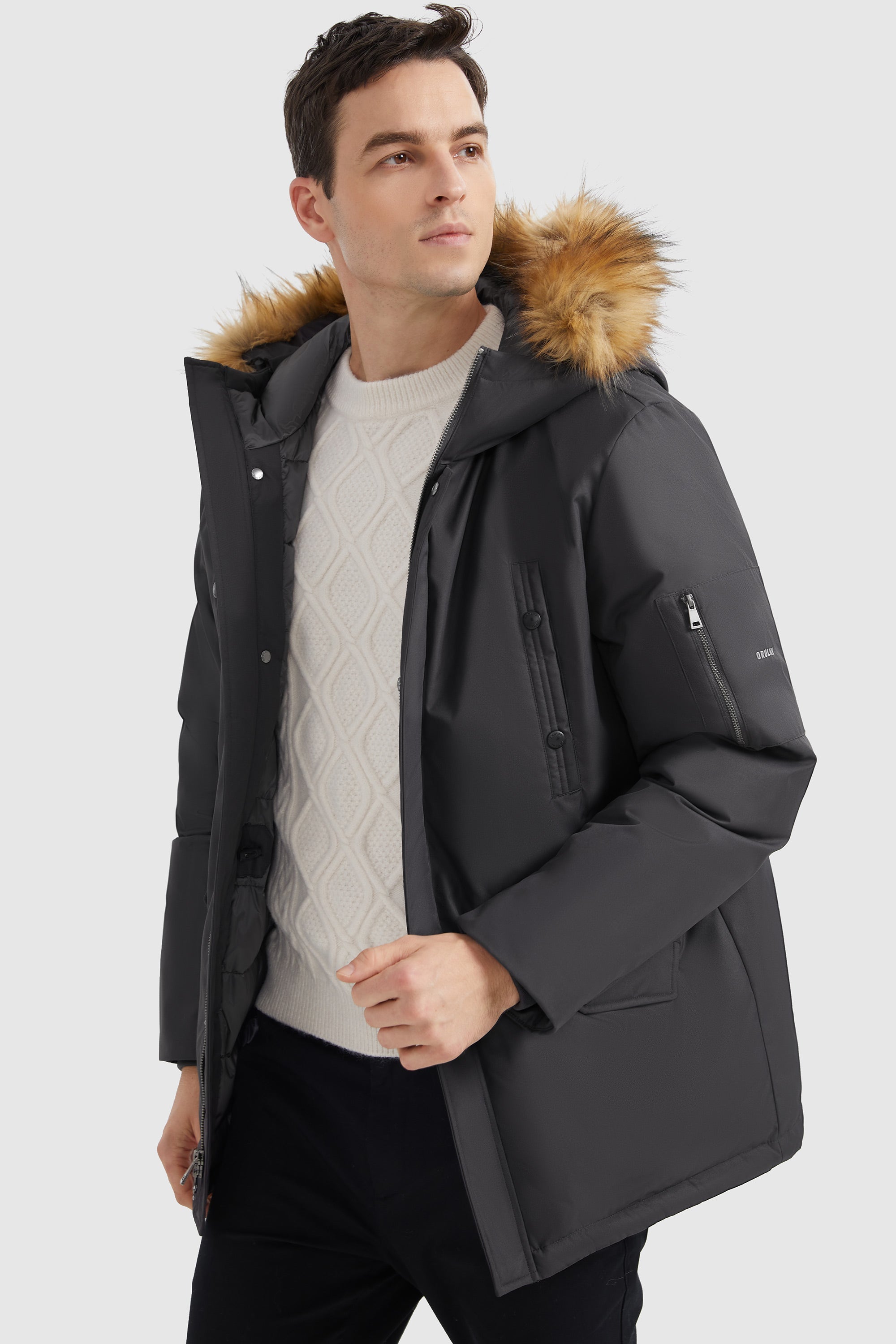 Orolay-Water-Resistant Down Coat with Faux Fur Hood-#color_Odyssey Gray