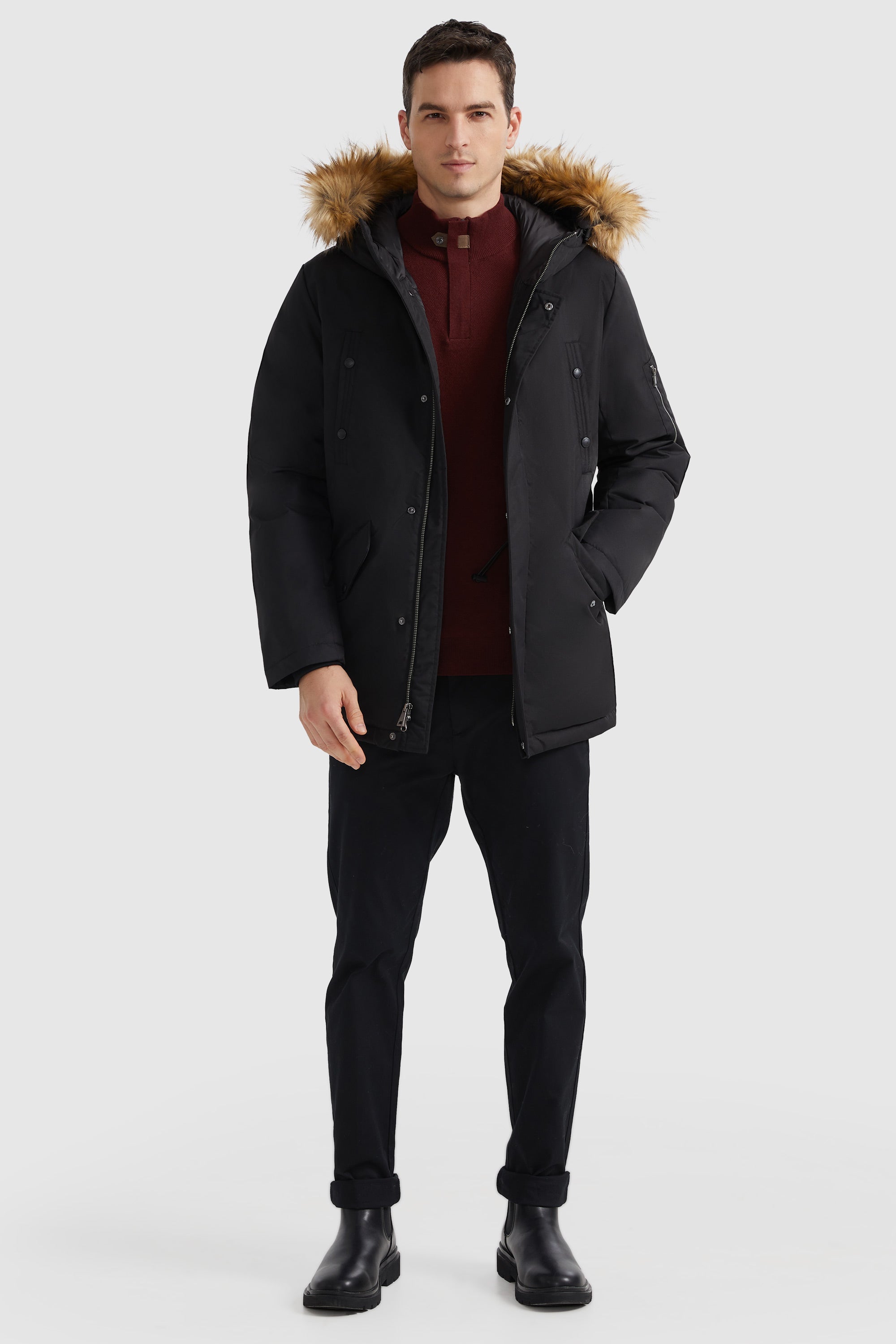 Orolay-Water-Resistant Down Coat with Faux Fur Hood-#color_Black