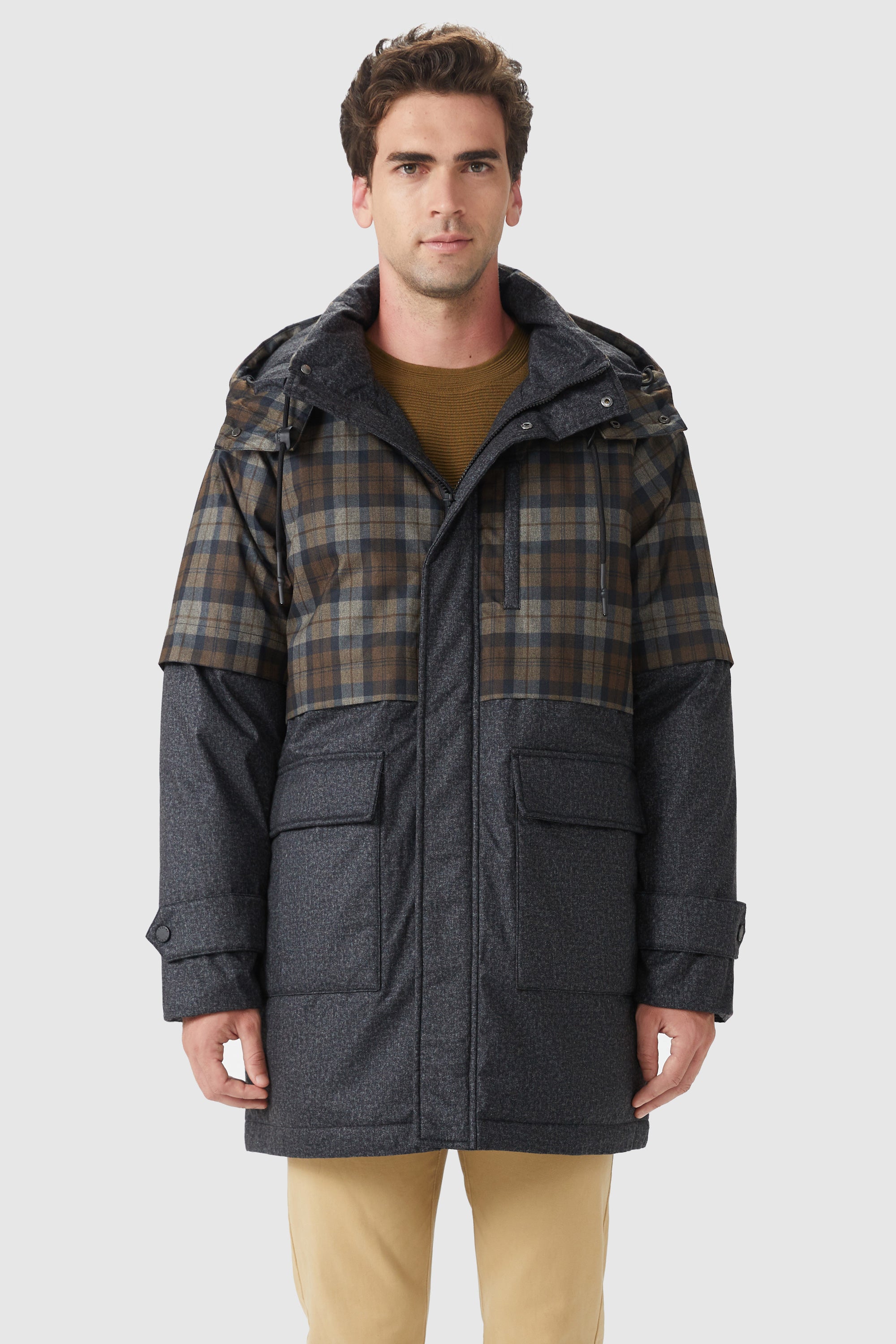 Orolay-Windproof Down Jacket with Hood-#color_Coffee plaid