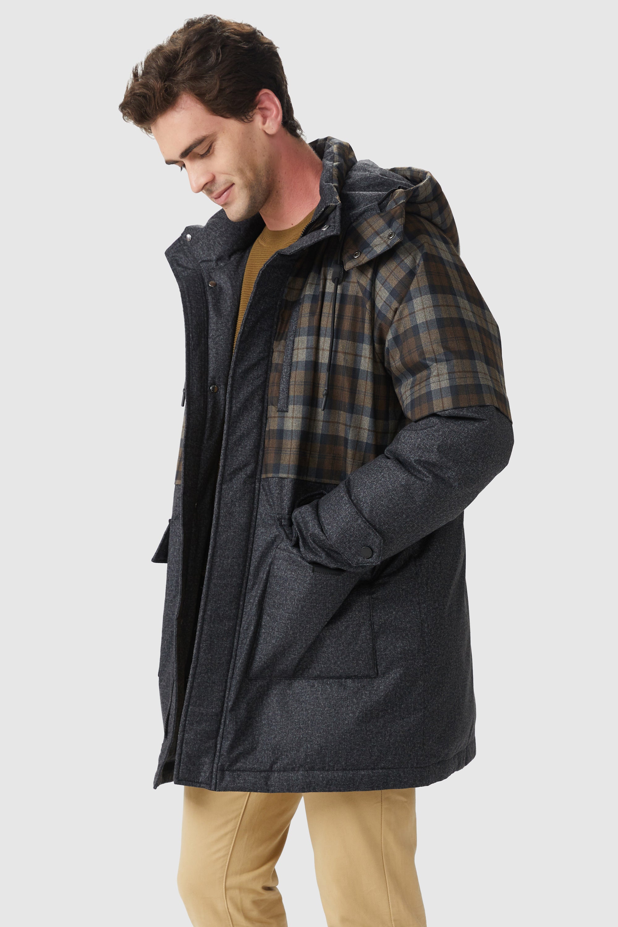 Orolay-Windproof Down Jacket with Hood-#color_Coffee plaid