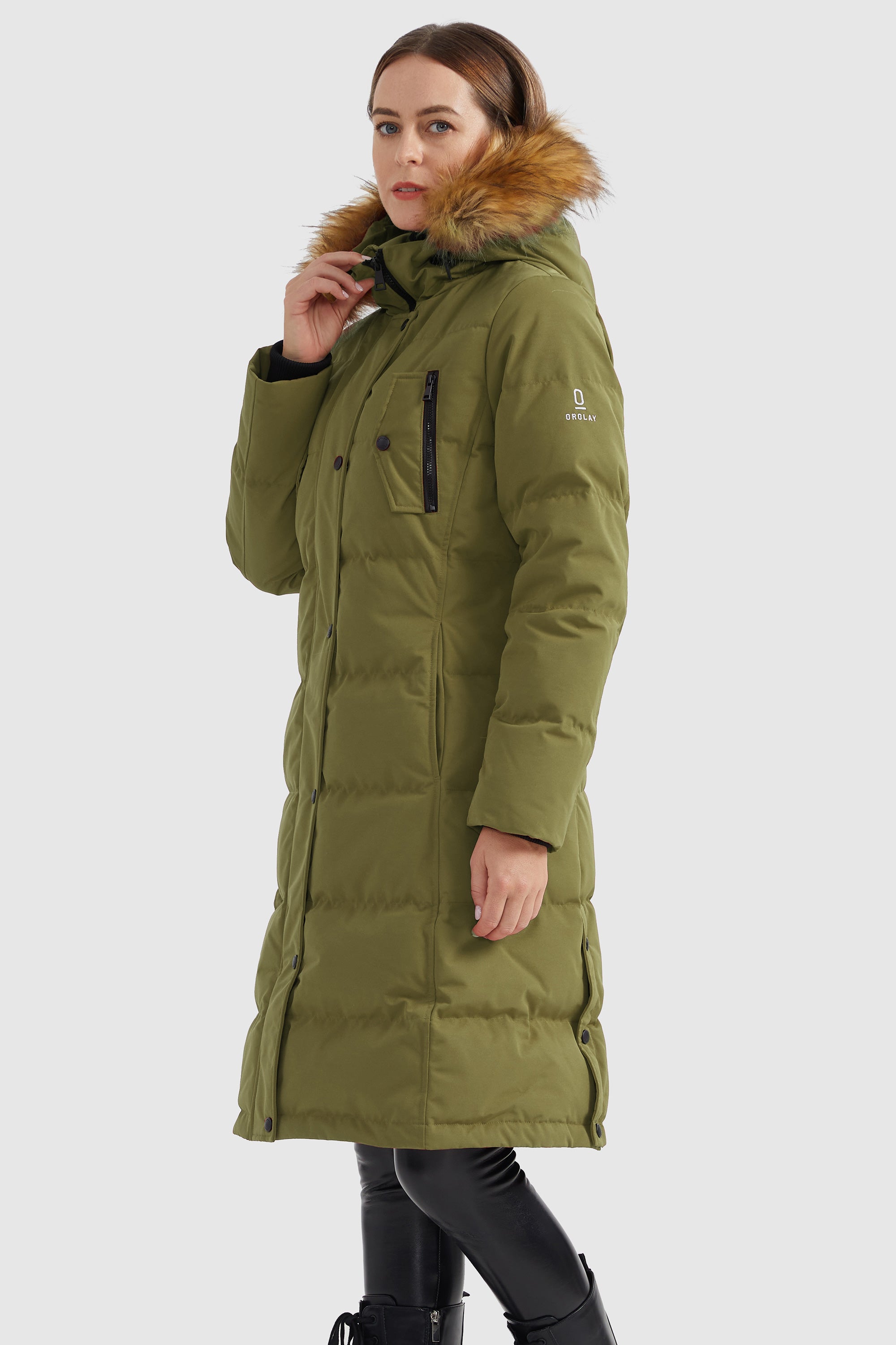 Orolay-Windproof Puffer Fur Hooded Down Coat-#color_Peat Moss