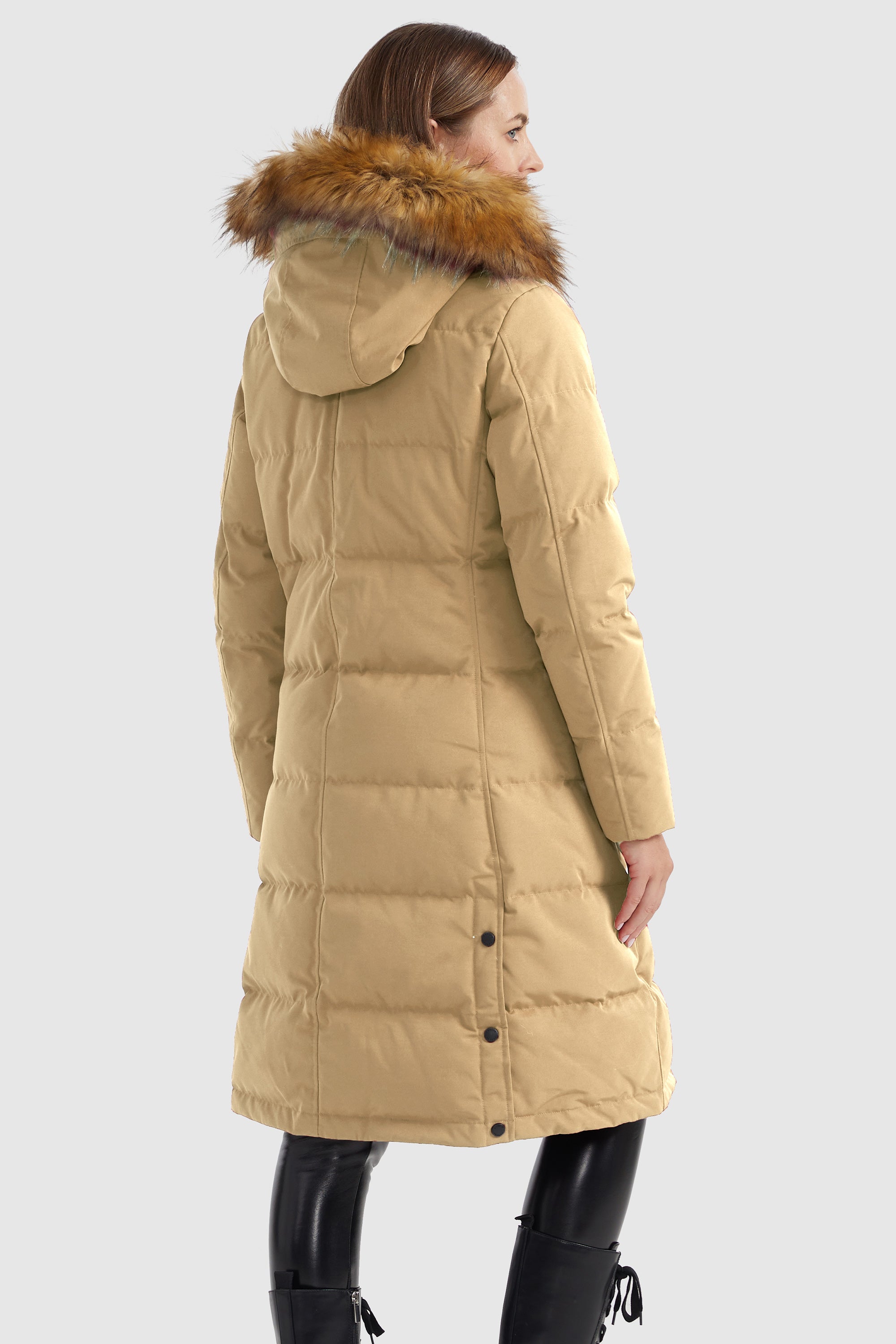 Orolay-Windproof Puffer Fur Hooded Down Coat-#color_Sand