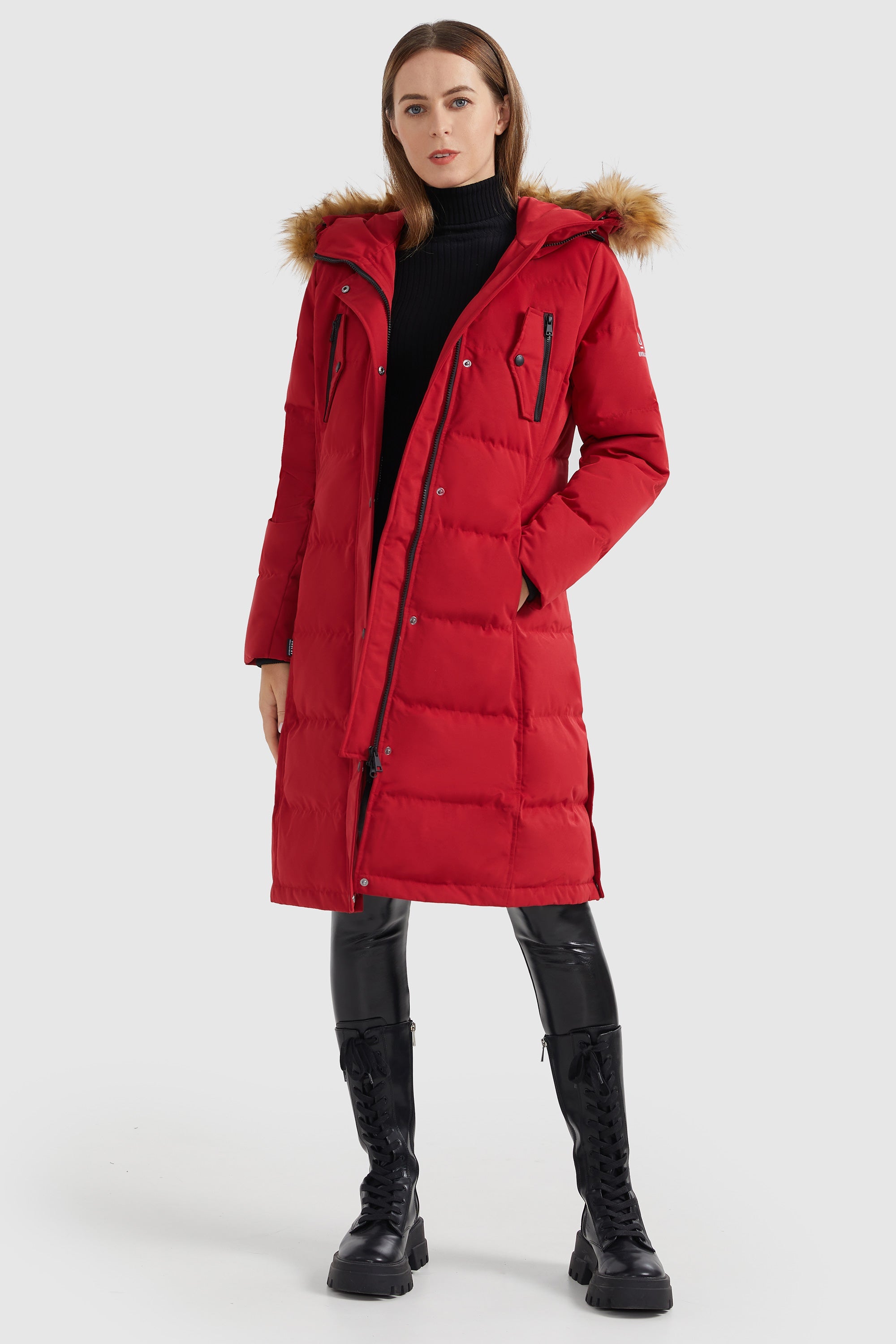 Orolay-Windproof Puffer Fur Hooded Down Coat-#color_Racing Red