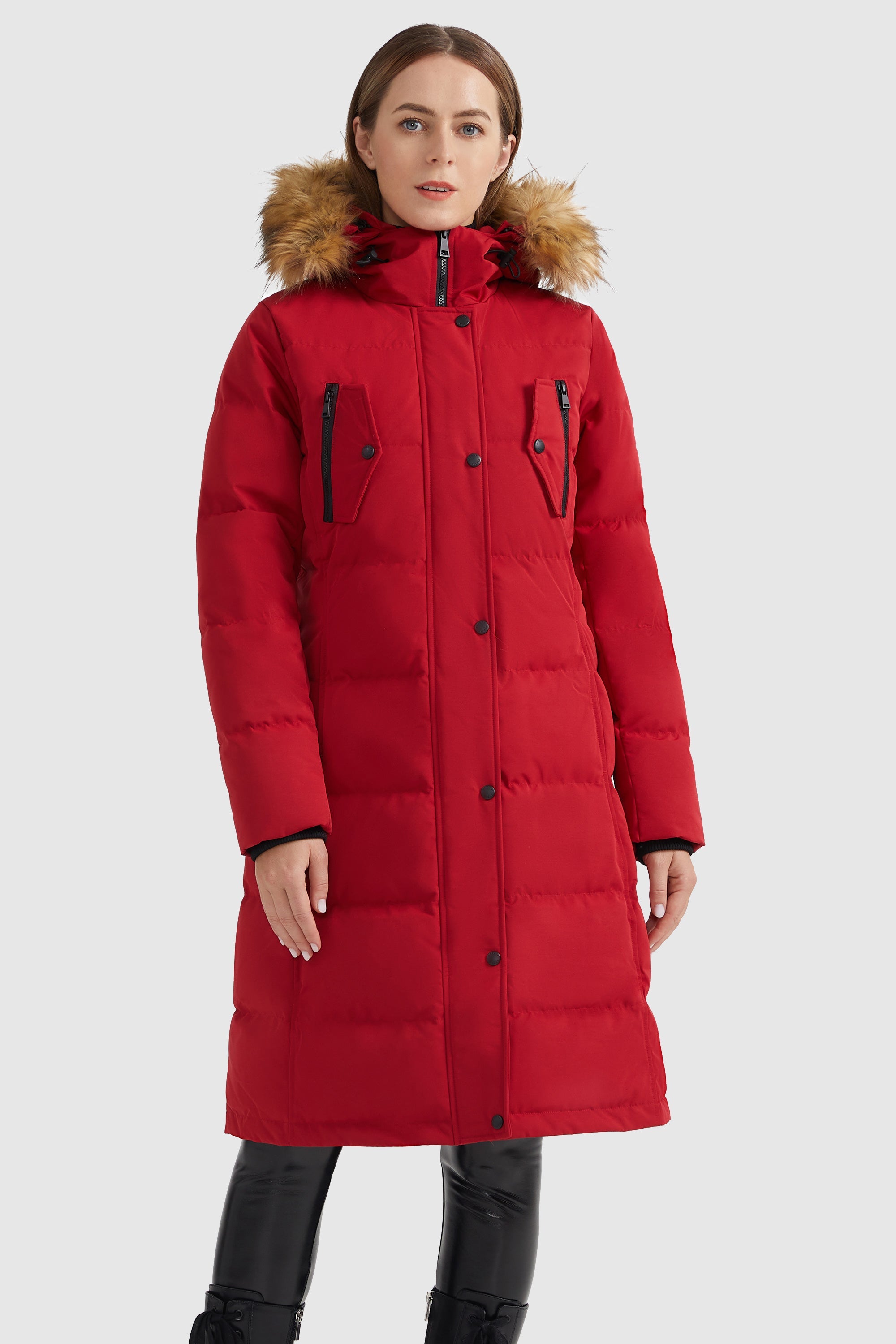 Orolay-Windproof Puffer Fur Hooded Down Coat-#color_Racing Red